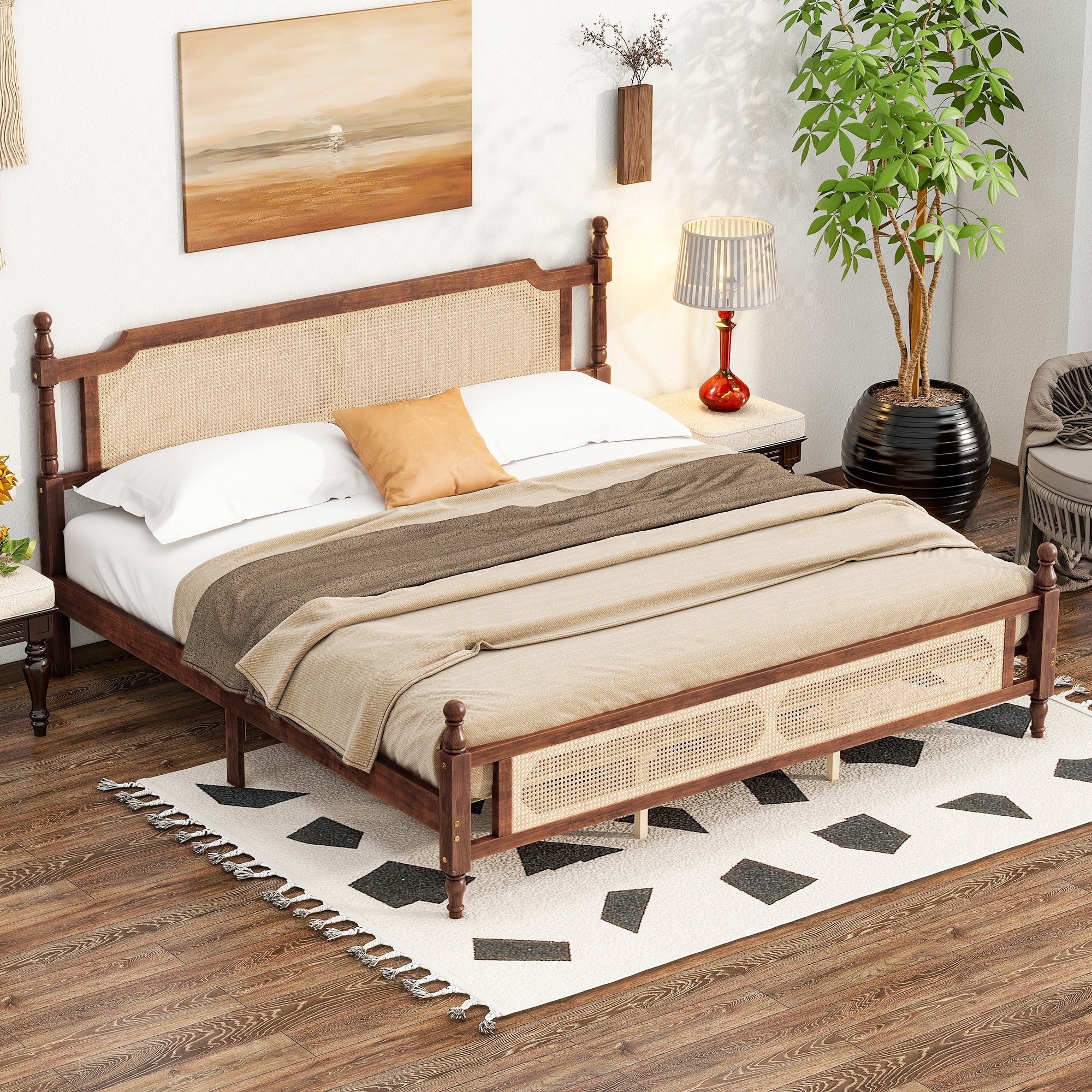 PAPROOS King Platform Bed Frame, Wood King Size Bed Frame with Rattan Headboard, Modern Bed Frame King with Central Enhanced for Adults, No Box Spring Needed