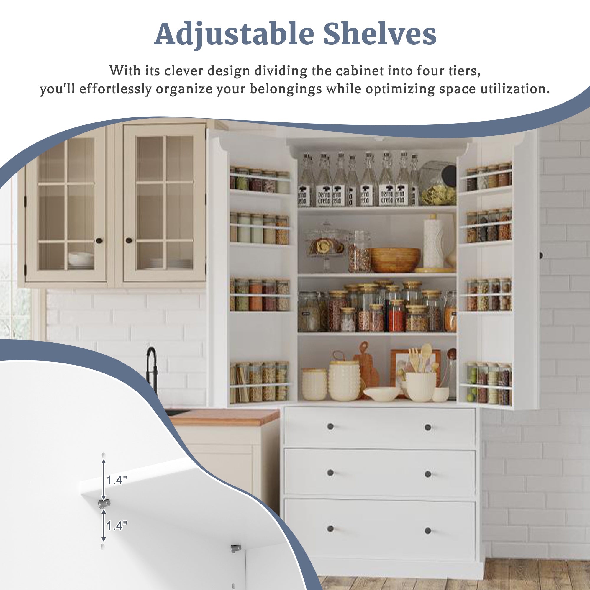 PAPROOS 77" Tall Pantry Cabinet, Wood Kitchen Pantry Storage Cabinet with 3 Drawers, 2 Doors, Farmhouse Cupboard Storage with 3 Adjustable Shelves, 8 Door Shelves for Dining Room, Craft Room, White