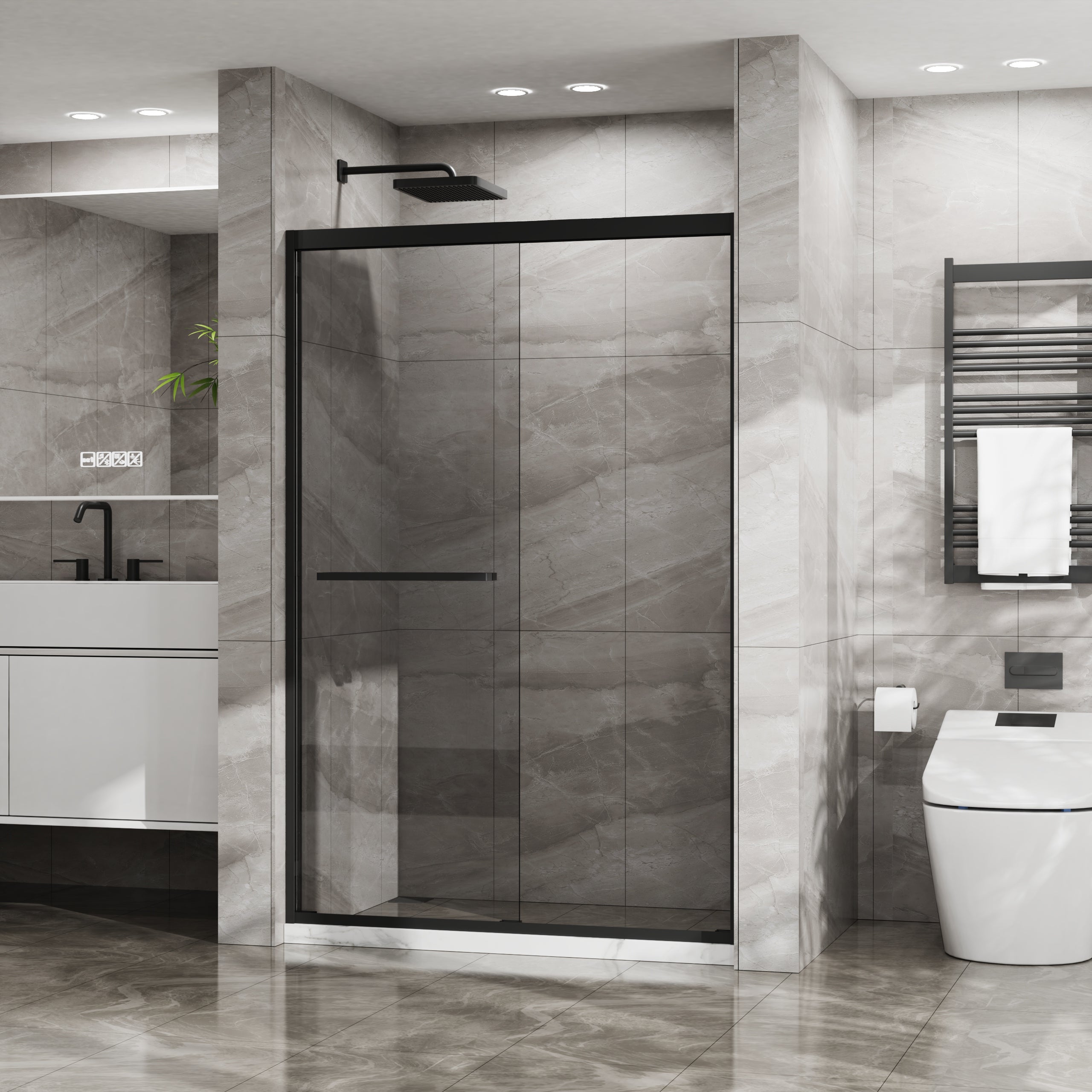 PAPROOS 56” - 60” W X 58” H Sliding Shower Door, 1/4" (6mm) Clear Tempered Glass Double Bathtub Door, Aluminum Frame, Modern Tub Door with Stainless Steel Handle, SGCC Certified, Matte Black