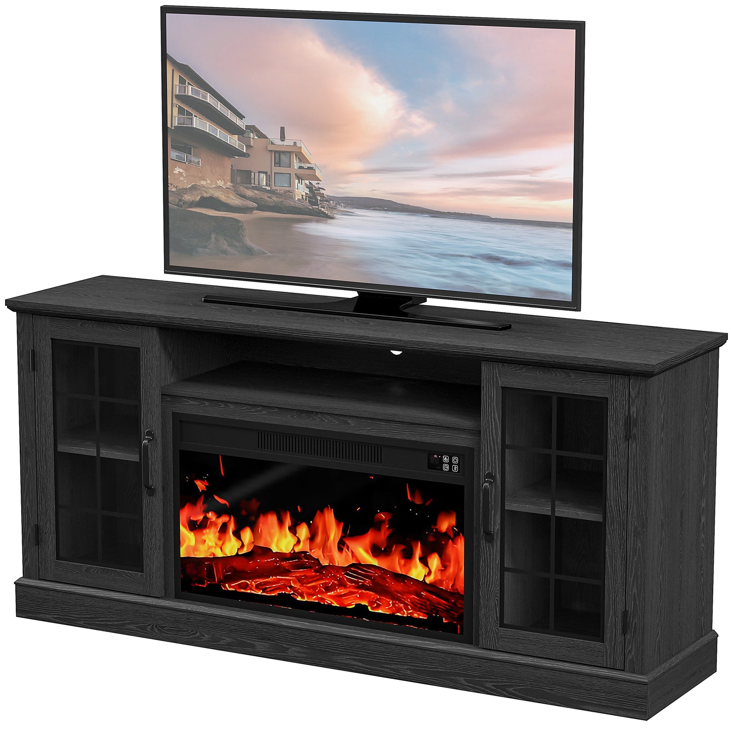 PAPROOS 63" Fireplace TV Stand for TVs up to 70" with 32" Electric Fireplace, Entertainment Center with LED, Modern Television Table Center With Remote Control for Living Room, Black