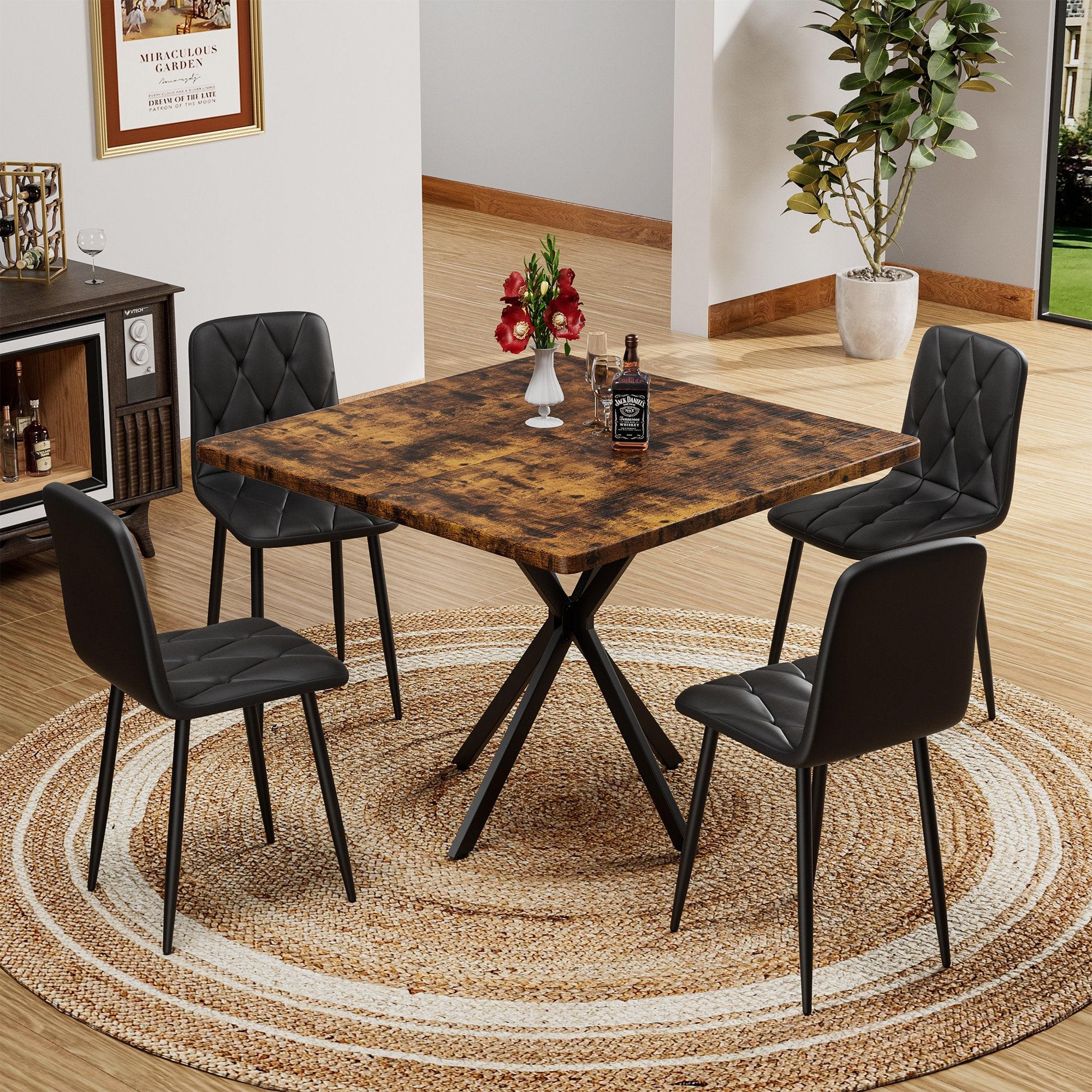 PAPROOS Dining Table Set for 4, 5-Piece Kitchen Table Set with Faux Marble Tabletop and 4 Velvet Upholstered Chairs, Square Kitchen Table and Chairs, Small Dining Set for Dining Room