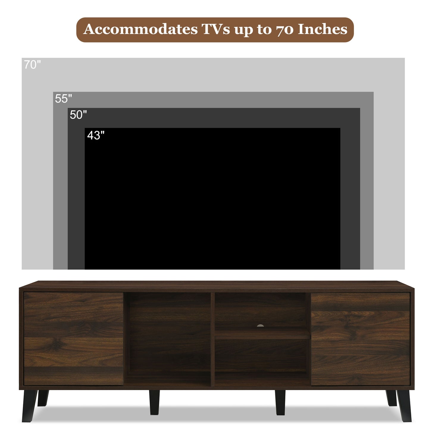 PAPROOS TV Stand for 70 inch tv, Mid Century Entertainment Center with Storage Cabinets, TV Cabinet with Open Shelves, Media Console Table with Doors for Living Room, Office