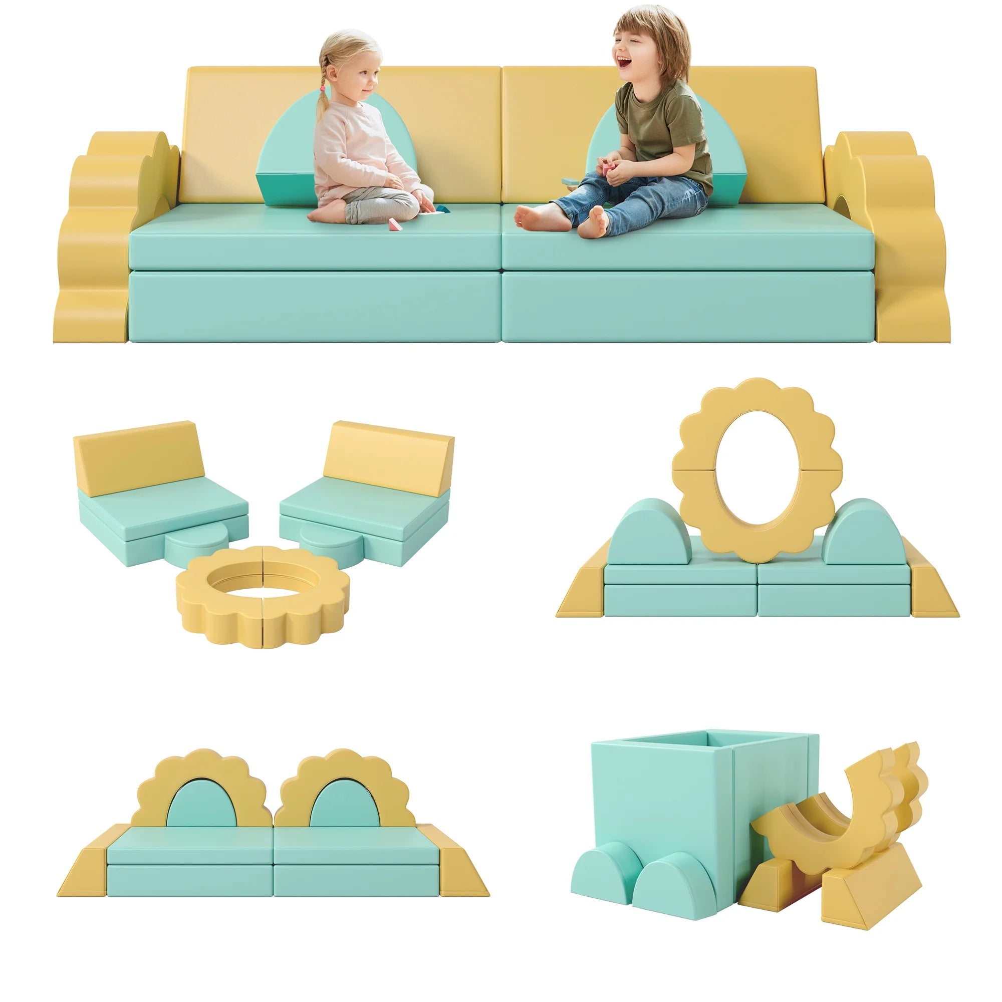 Kids Sofa Couch 10PCS, DIY Creative Modular Kids Play Couch, PU Leather Toddler Couch Sofa, Convertible Kid Couch with Foam for Toddlers, Infants, Kids, Pre-school