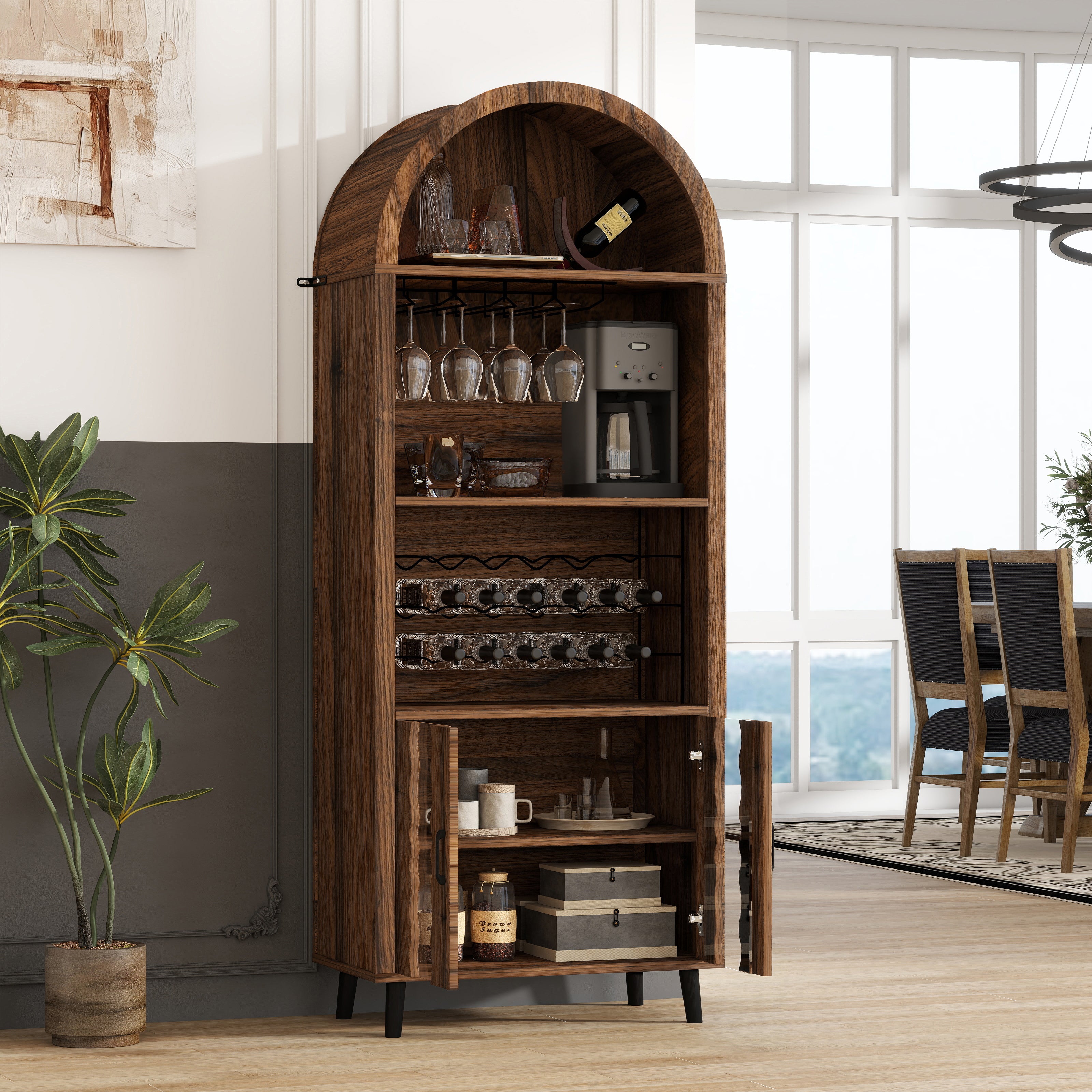 71" Tall Wine Bar Cabinet, Paproos Farmhouse Liquor Cabinet with Doors, Wine Racks, Glass Holder, Coffee Bar Cabinet with Storage Cabinet, for Living Room, Kitchen, Home Bar, Brown Oak