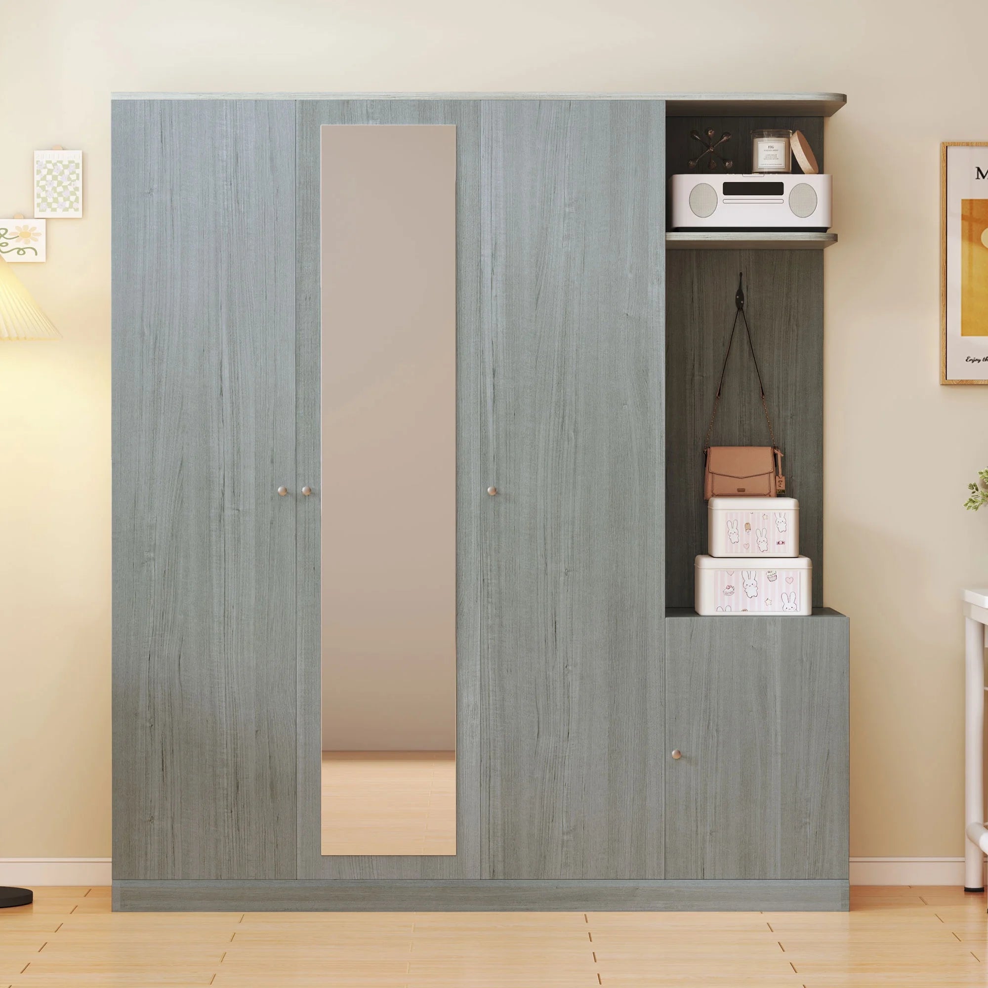PAPROOS Armoire Wardrobe Closet with Full-Length Mirror, Wooden Wardrobe with Drawers, 4 Doors, Hanging Bar for Adult Bedroom, Gray
