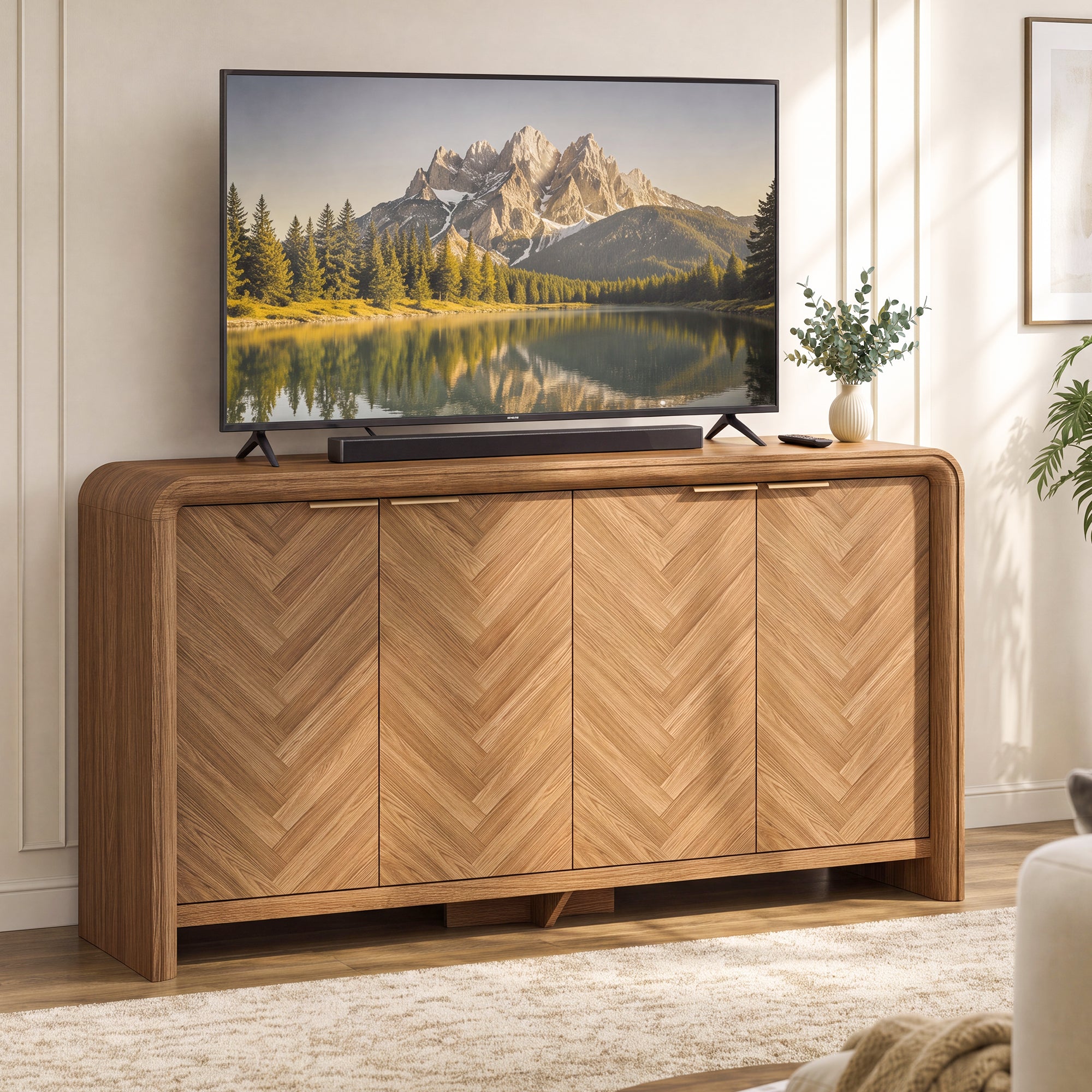 PAPROOS TV Stand for TVs Up to 55", Herringbone Wood Media Console with Doors and Adjustable Shelves, Vintage Entertainment Center for Living Room, Walnut