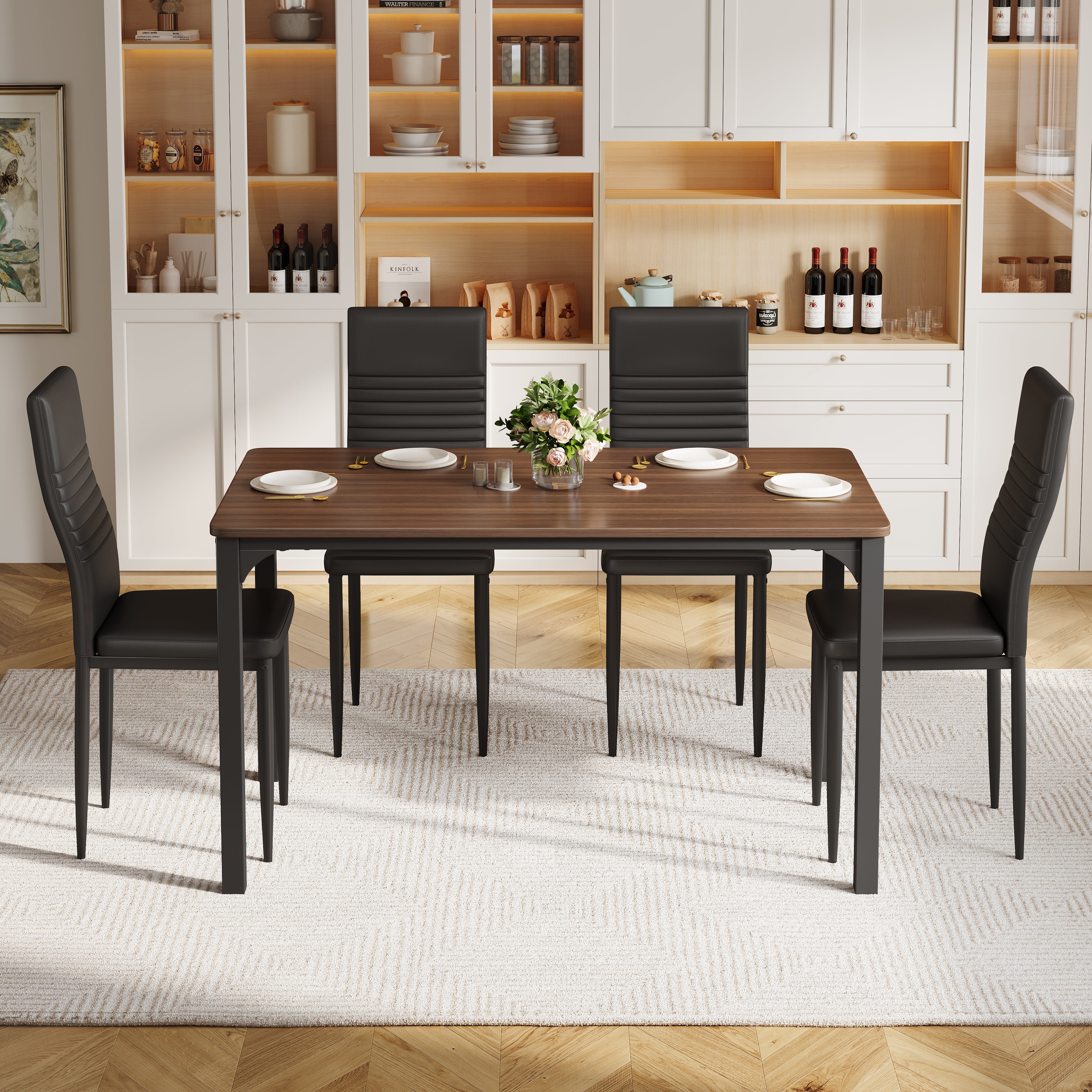 5 Piece Dining Table Set for 4, Paproos Wooden Dining Table and Chairs Set, Modern Kitchen Table Set with PU Leather Upholstered Chairs, Dining Room Table Set for Living Room Breakfast Nook