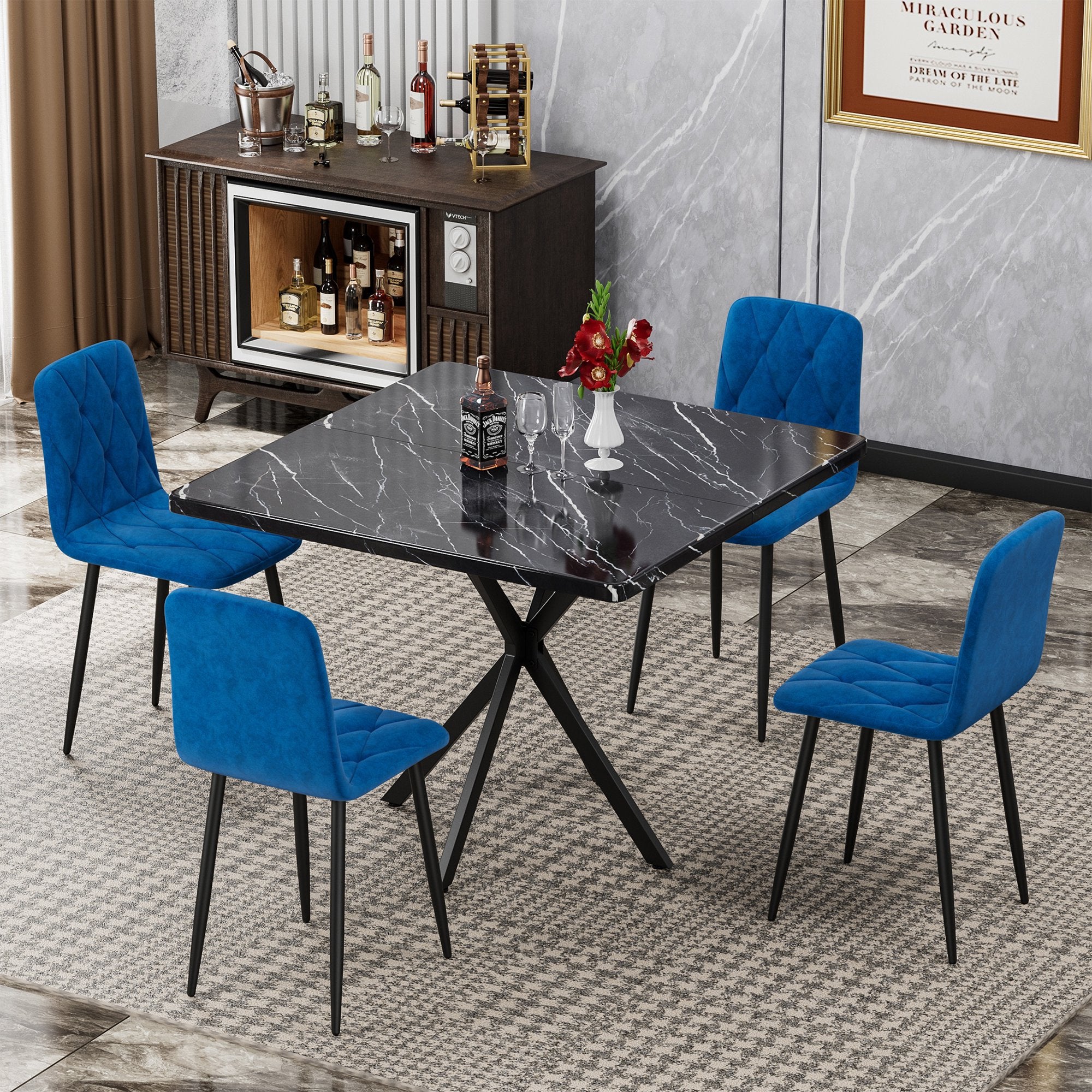 PAPROOS Dining Table Set for 4, 5-Piece Kitchen Table Set with Faux Marble Tabletop and 4 Velvet Upholstered Chairs, Square Kitchen Table and Chairs, Small Dining Set for Dining Room