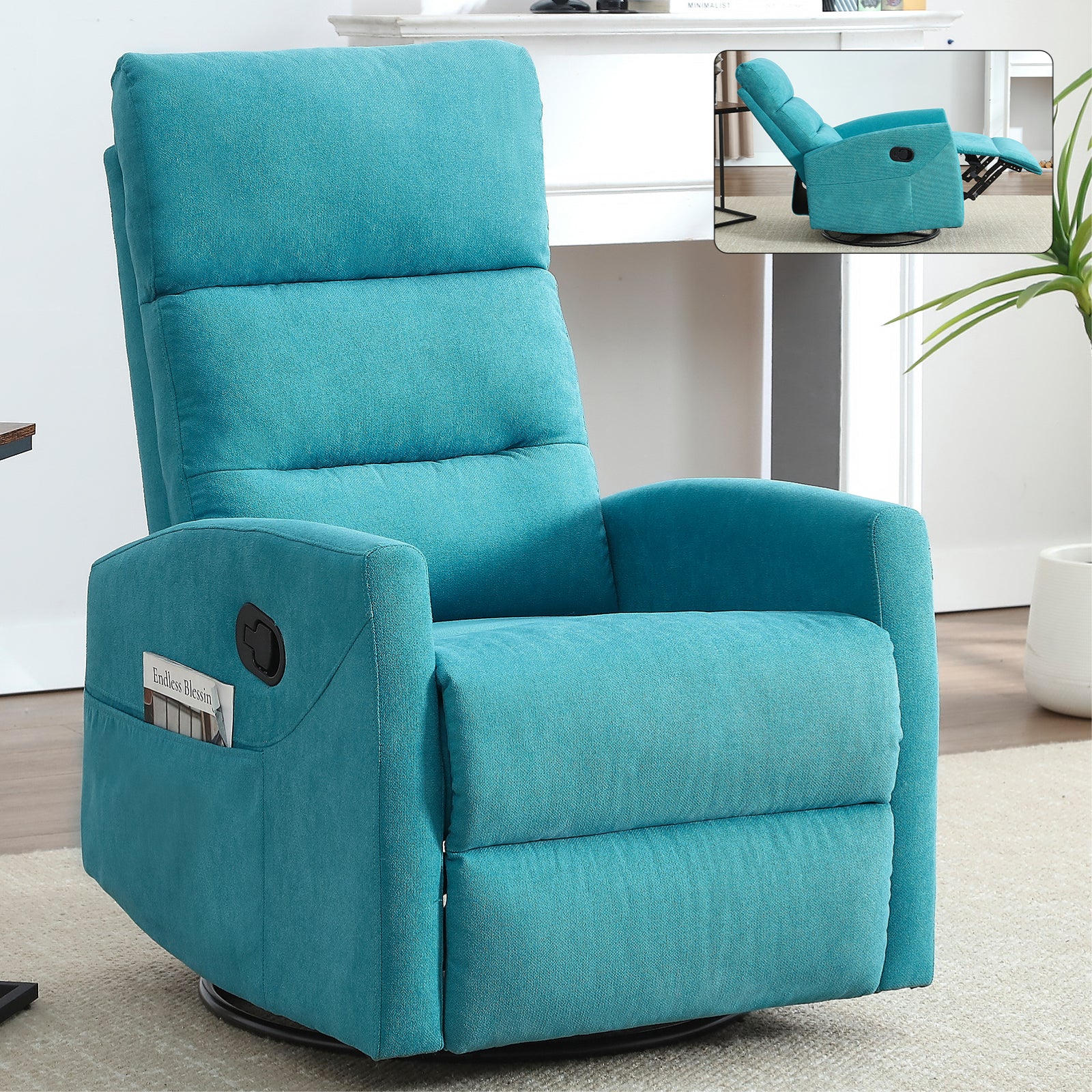 PAPROOS Swivel Rocker Recliner, Fabric 360° Swivel Rocking Recliner with 2 Side Pockets, Glider Rocking Chair for Baby Nursery, Manual Recliner for Adults for Home Theater Living Room