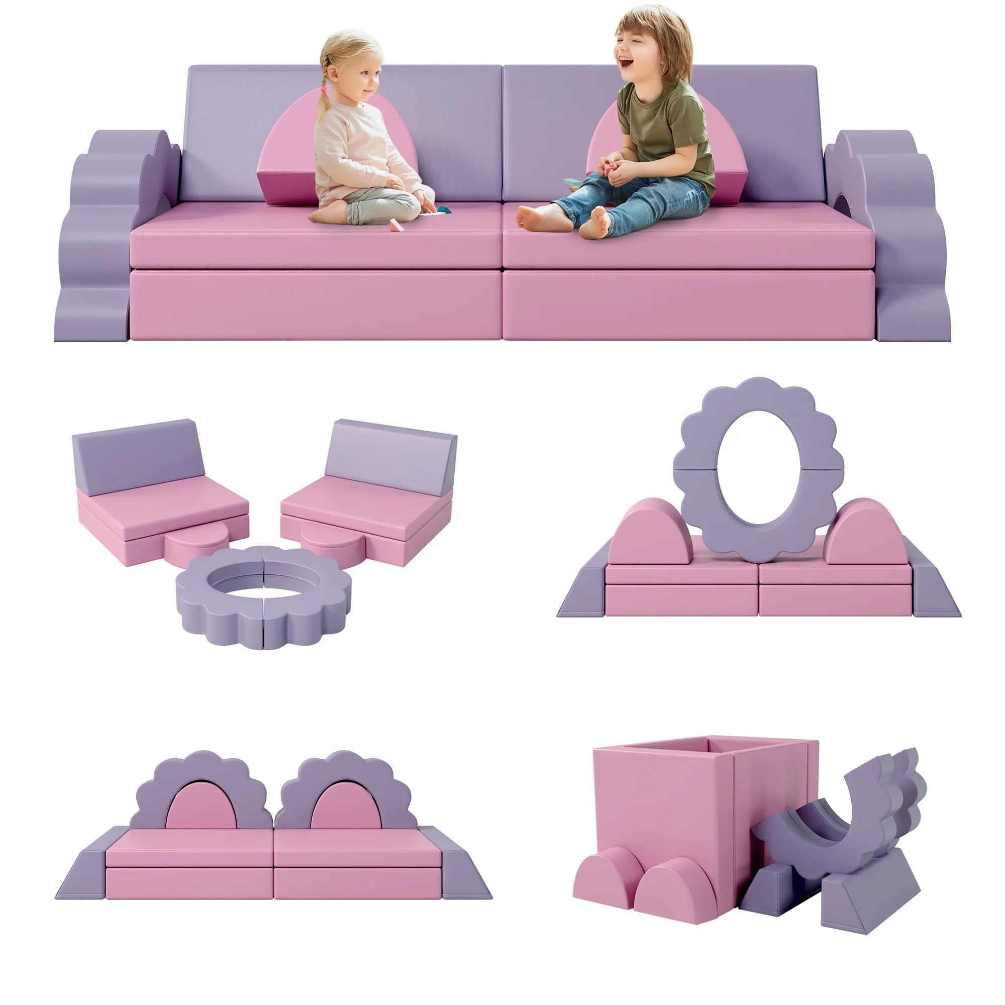 Kids Sofa Couch 10PCS, DIY Creative Modular Kids Play Couch, PU Leather Toddler Couch Sofa, Convertible Kid Couch with Foam for Toddlers, Infants, Kids, Pre-school