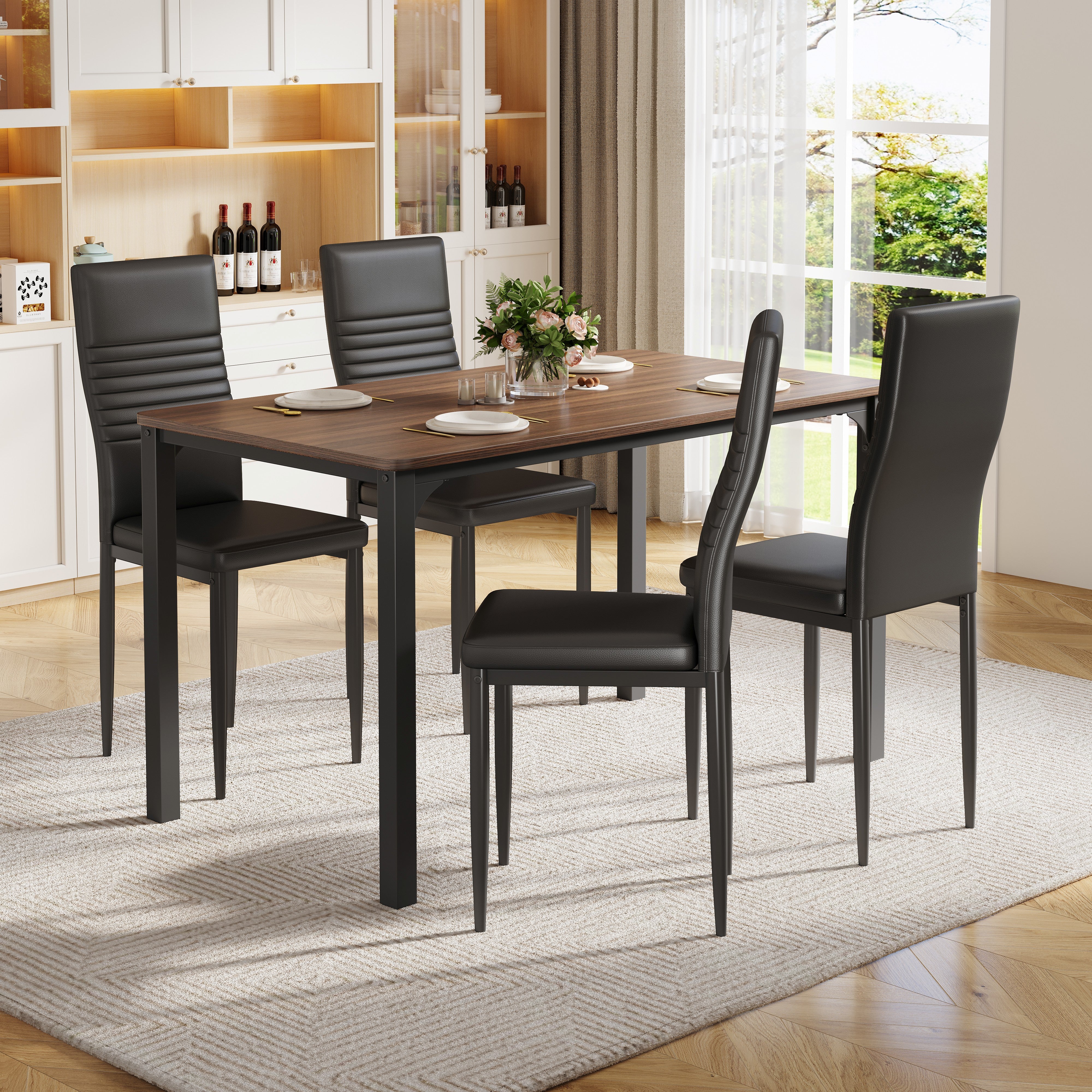 5 Piece Dining Table Set for 4, Paproos Wooden Dining Table and Chairs Set, Modern Kitchen Table Set with PU Leather Upholstered Chairs, Dining Room Table Set for Living Room Breakfast Nook
