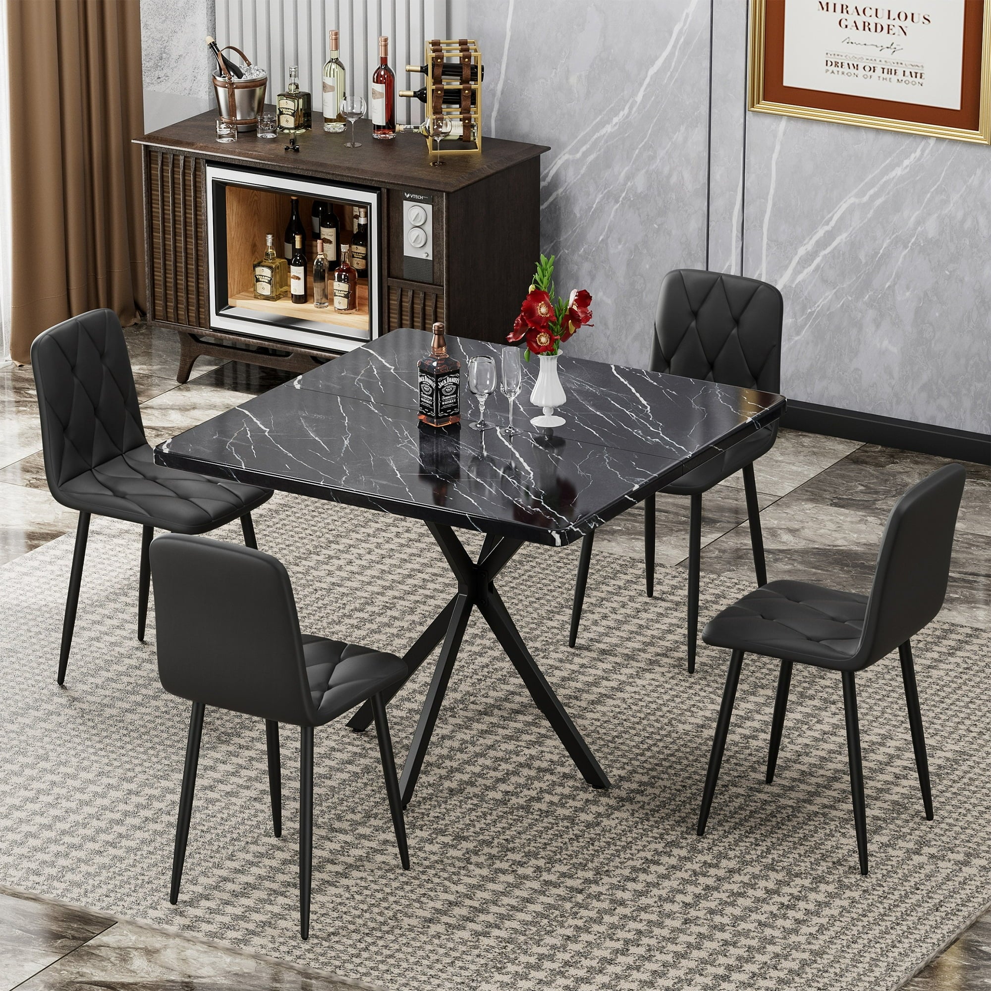 PAPROOS Dining Table Set for 4, 5-Piece Kitchen Table Set with Faux Marble Tabletop and 4 Velvet Upholstered Chairs, Square Kitchen Table and Chairs, Small Dining Set for Dining Room