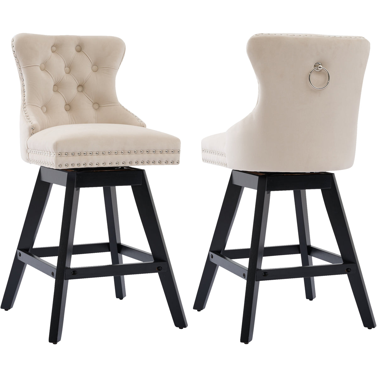 Swivel Bar Stools Set of 2, Velvet Counter Height Bar Stools with Back, Swivel Dining Chair with Button Tufted and Wooden Legs, Kitchen Chair Counter Stools for Kitchen Island