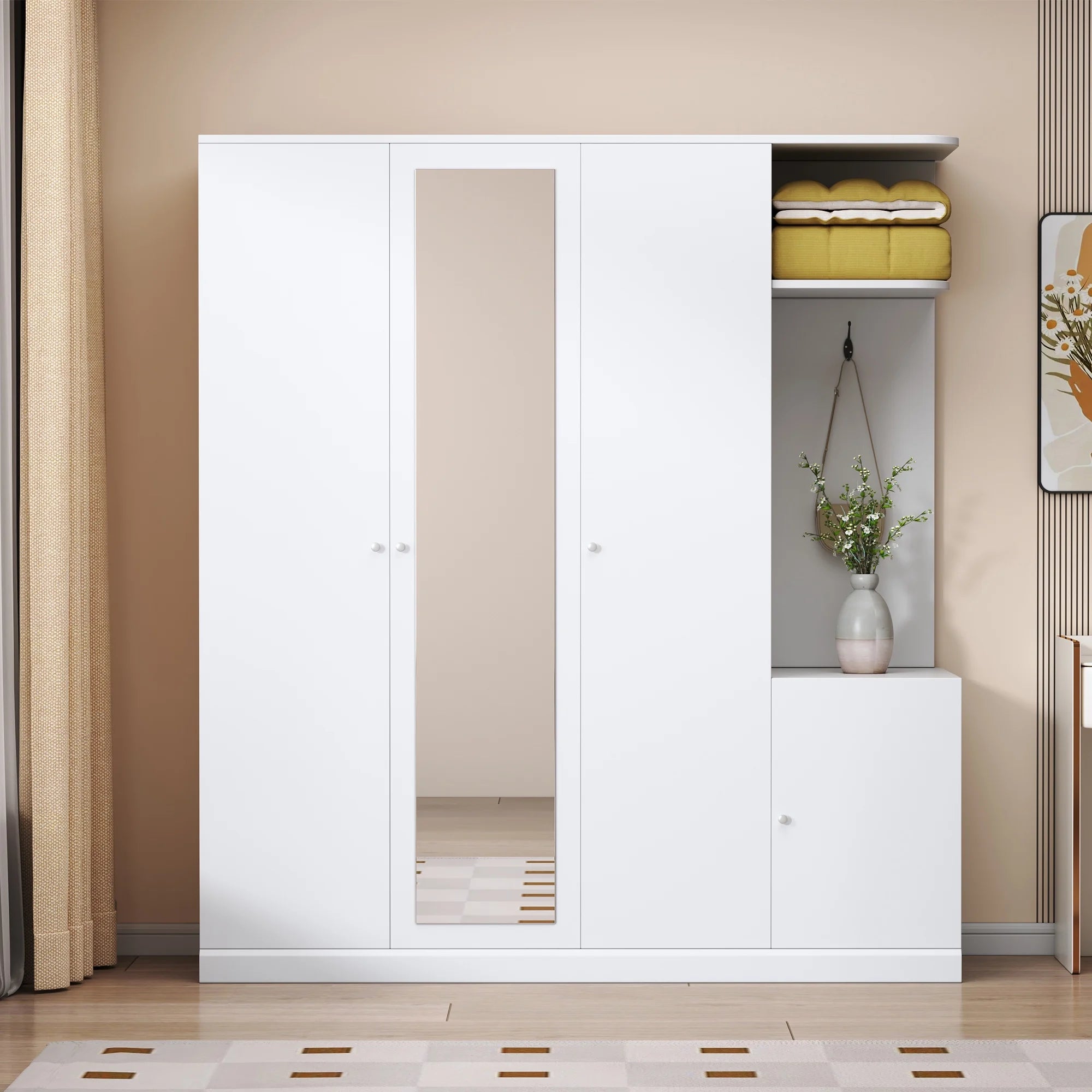 PAPROOS Armoire Wardrobe Closet with Full-Length Mirror, Wooden Wardrobe with Drawers, 4 Doors, Hanging Bar for Adult Bedroom, Gray