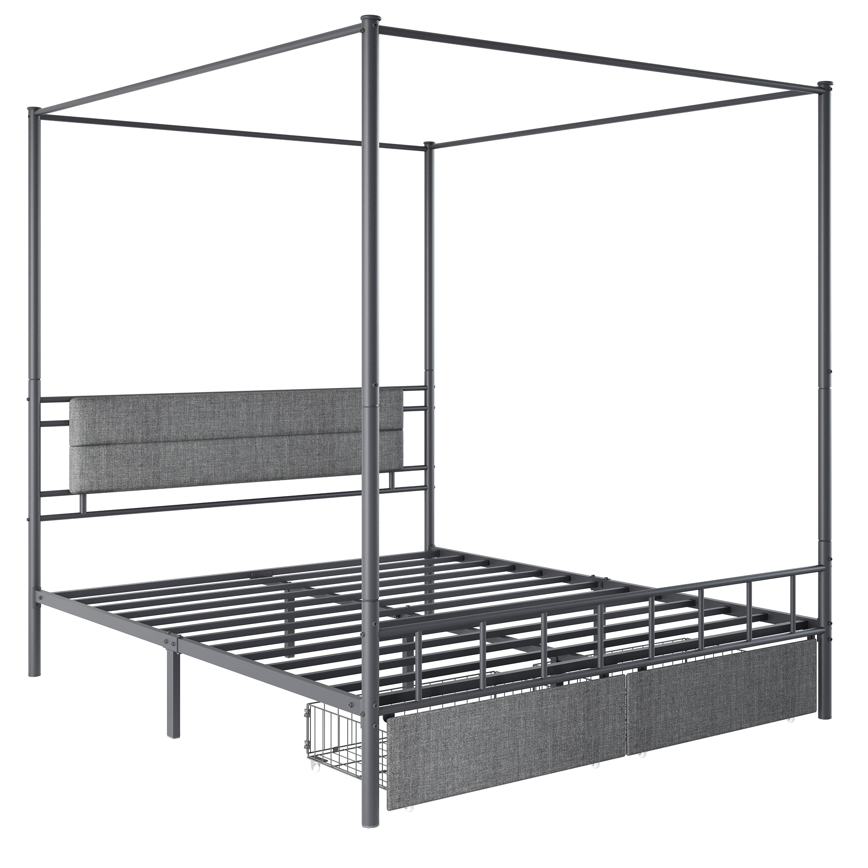 PAPROOS Full Size Canopy Bed Frame, Upholstered Bed Frame with Metal Slats, Metal Platform Bed with 2 Storage Drawers, No Box Spring Needed