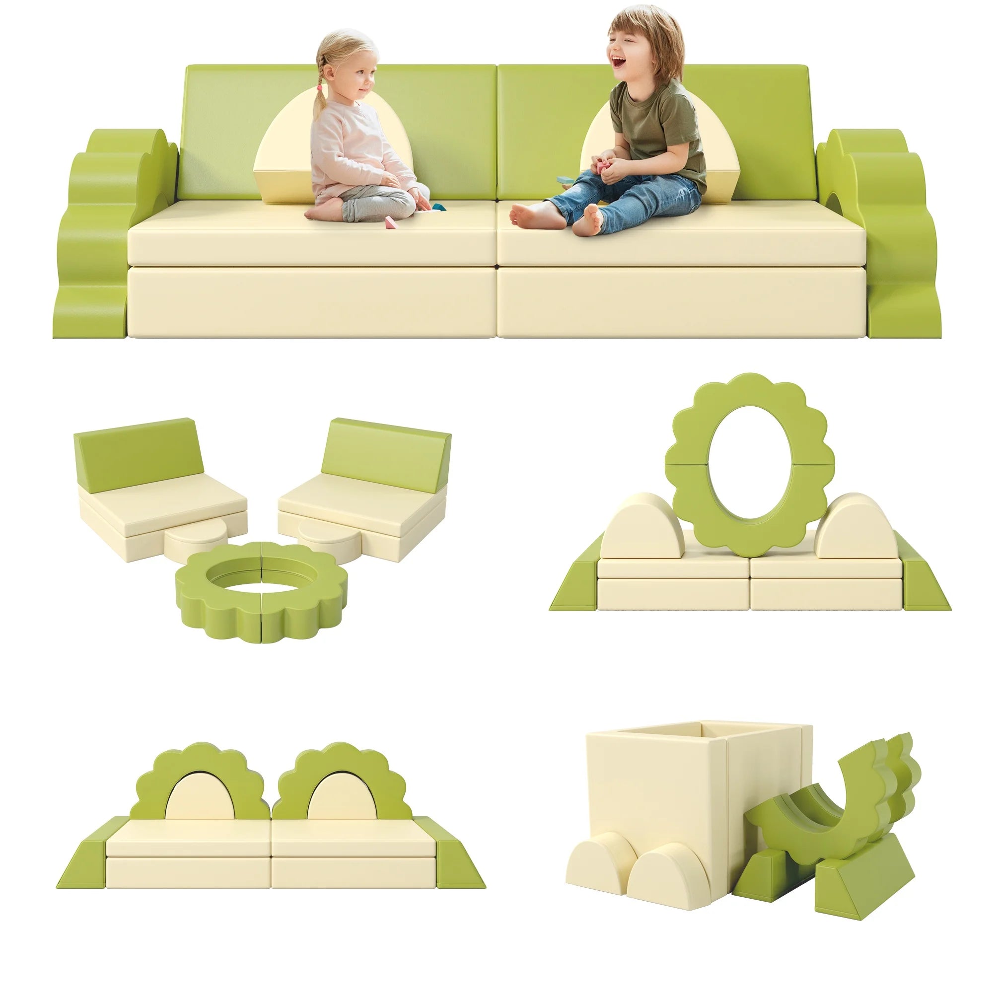 Kids Sofa Couch 10PCS, DIY Creative Modular Kids Play Couch, PU Leather Toddler Couch Sofa, Convertible Kid Couch with Foam for Toddlers, Infants, Kids, Pre-school