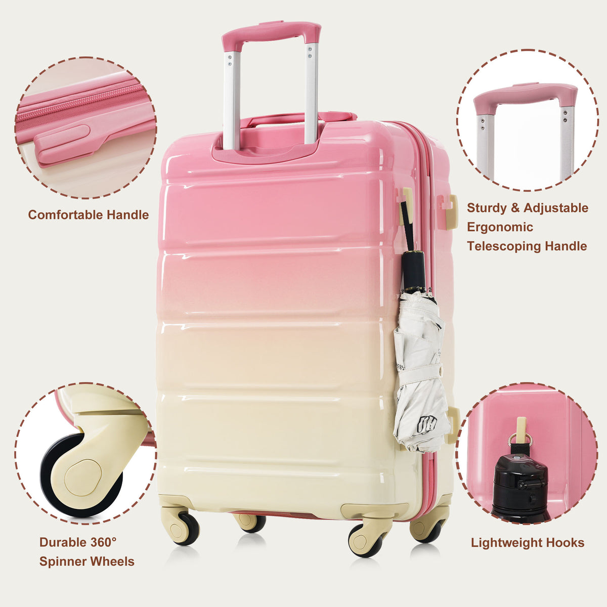 PAPROOS 3-Piece Luggage Set (20''/24''/28''), Hardshell Lightweight Suitcase with USB Port and Side Hooks, Travel Luggage with TSA-Lock, Hardside Rolling Luggage for School, Travel