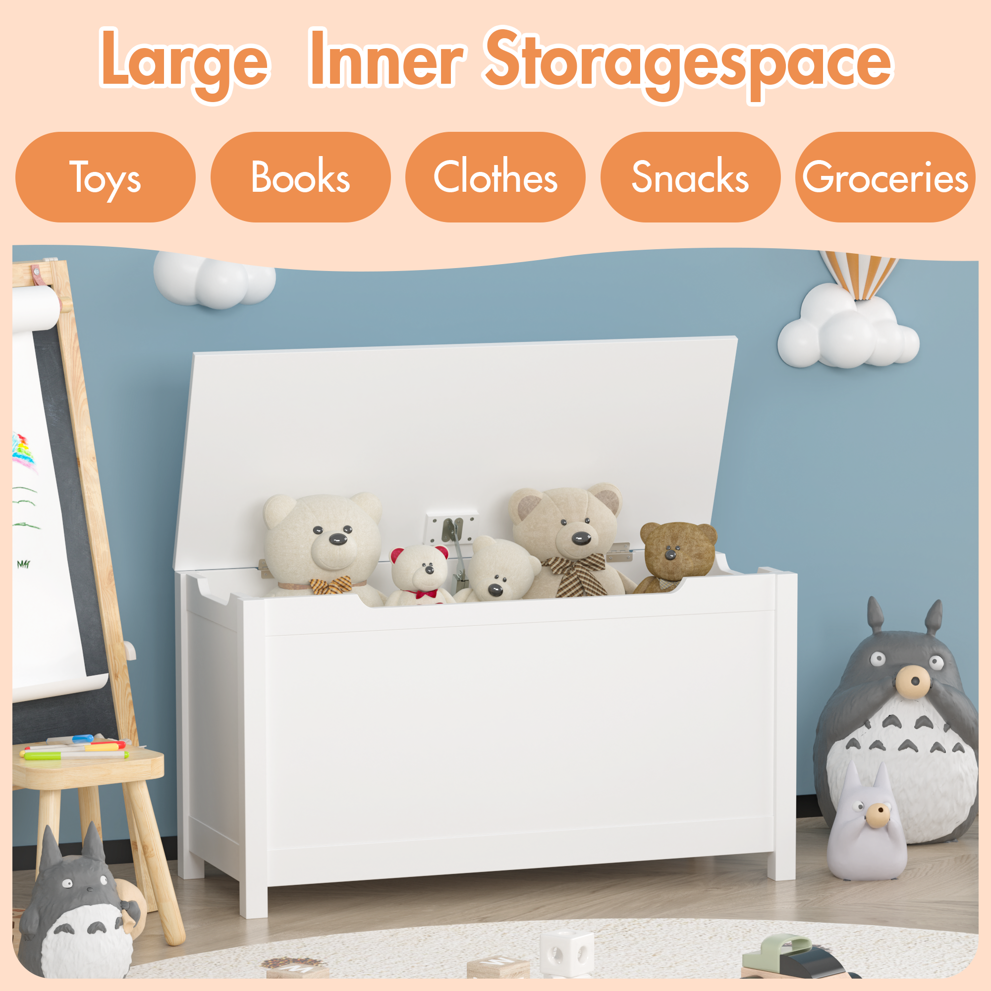 Toy Box for Boys Girls, Wooden Kids Toy Chest with Storage Bench and Safety Hinged Lid, Modern Toy Storage Organizer for Living Room, Bedroom, Toddler Room, White