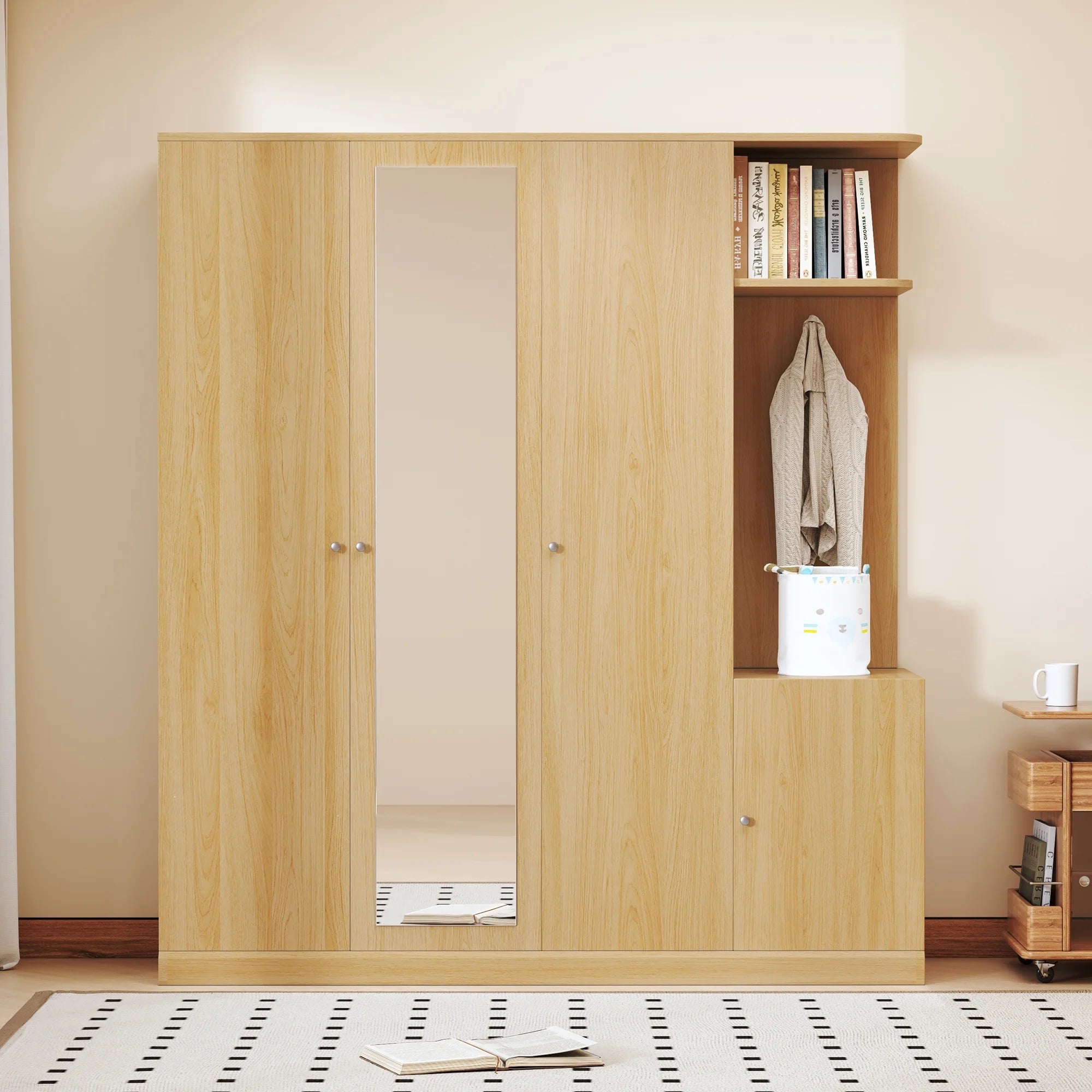 PAPROOS Armoire Wardrobe Closet with Full-Length Mirror, Wooden Wardrobe with Drawers, 4 Doors, Hanging Bar for Adult Bedroom, Gray