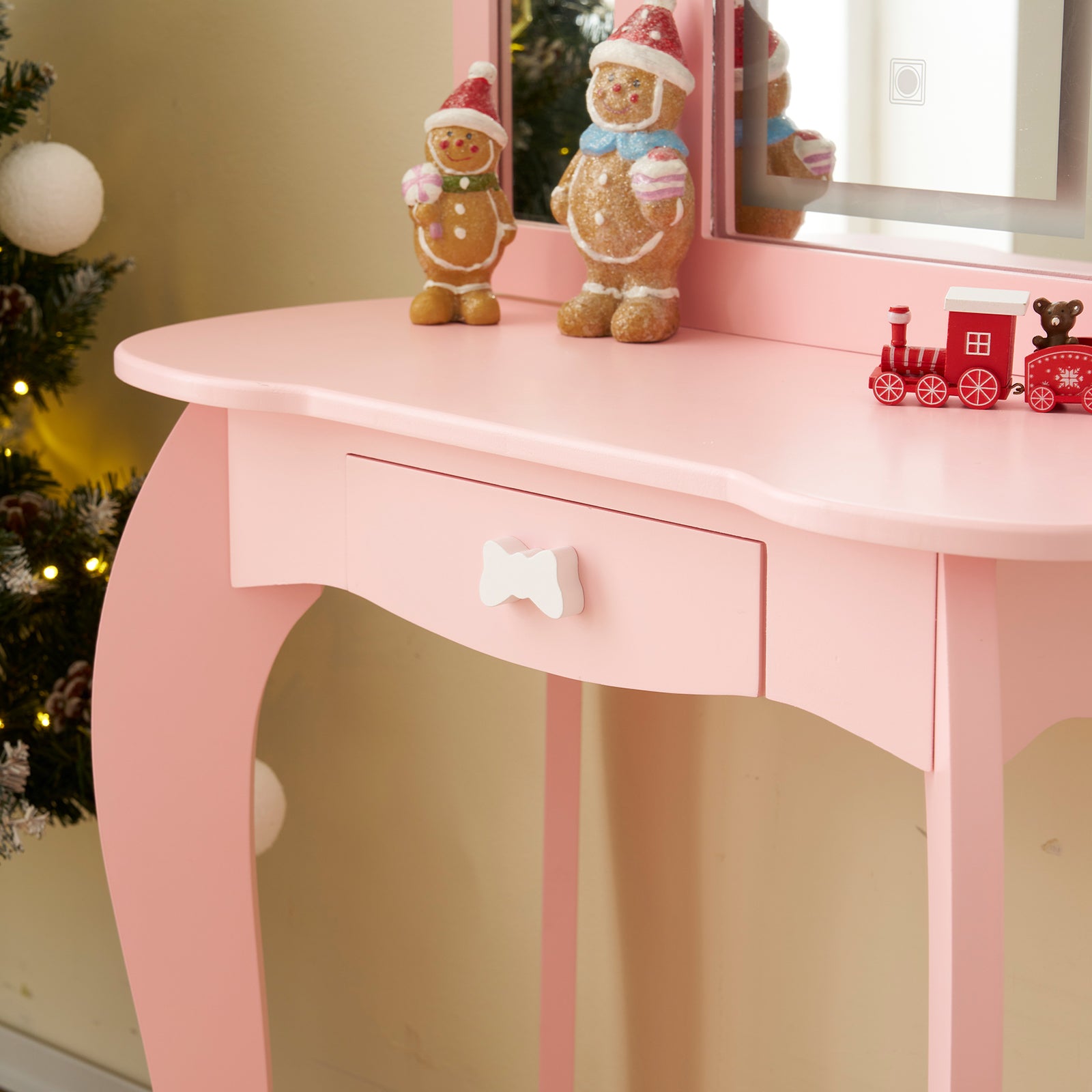 PAPROOS Kids Vanity Set with Mirror and Lights, Wood 2-in-1 Girls Vanity with Drawer, Princess Toddler Dressing Table, Pretend Play Kids Makeup Vanity Table and Chair for Little Girls Aged 3+, White
