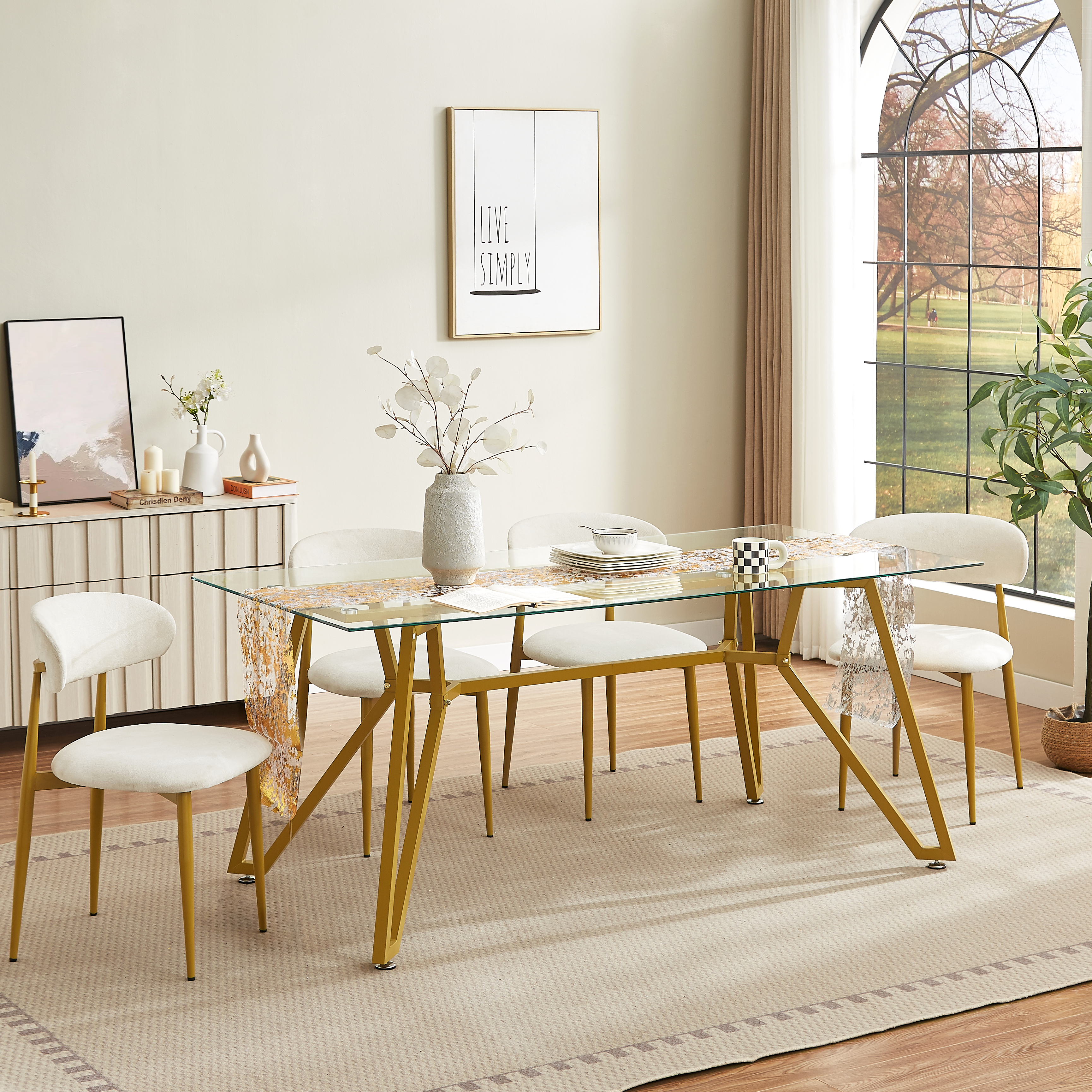 35" Square Dining Table for 4, Tempered Glass Kitchen Table, Paproos Dining Room Table, Dinner Table with Metal Legs for Kitchen, Dining Living Room, Transparent & Gold(Only Table)