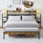 PAPROOS Queen Bed Frame with Storage Headboard, Upholstered Queen Size Bed Frame with LED Lights and Charging Station, Platform Metal Bed with Bookcase Shelves, No Box Spring Needed, Dark Gray