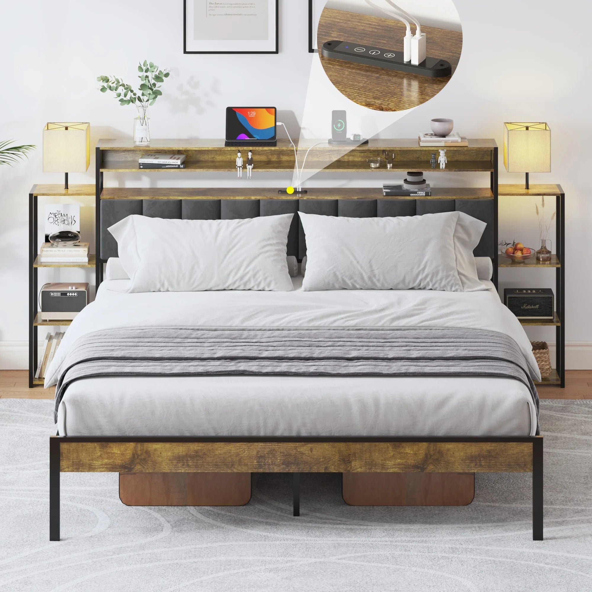 PAPROOS Queen Bed Frame with Storage Headboard, Upholstered Queen Size Bed Frame with LED Lights and Charging Station, Platform Metal Bed with Bookcase Shelves, No Box Spring Needed, Dark Gray