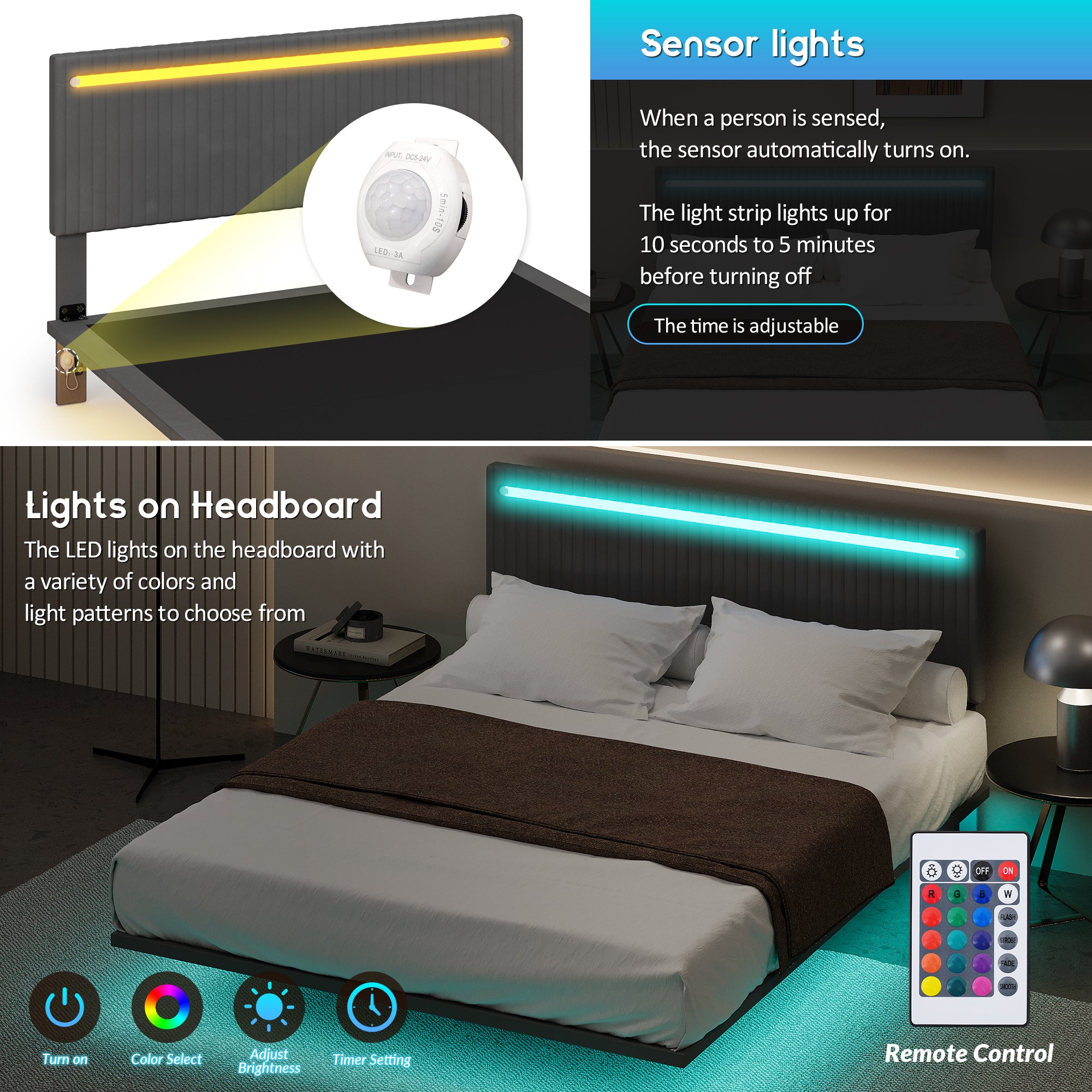 PAPROOS Full Floating Bed Frame, Upholstered Velvet Platform Bed Frame with Adjustable Headboard, RGB LED Lights, Modern Full Size Bed Frame with Underbed Sensor Lights, No Box Spring Needed, Beige