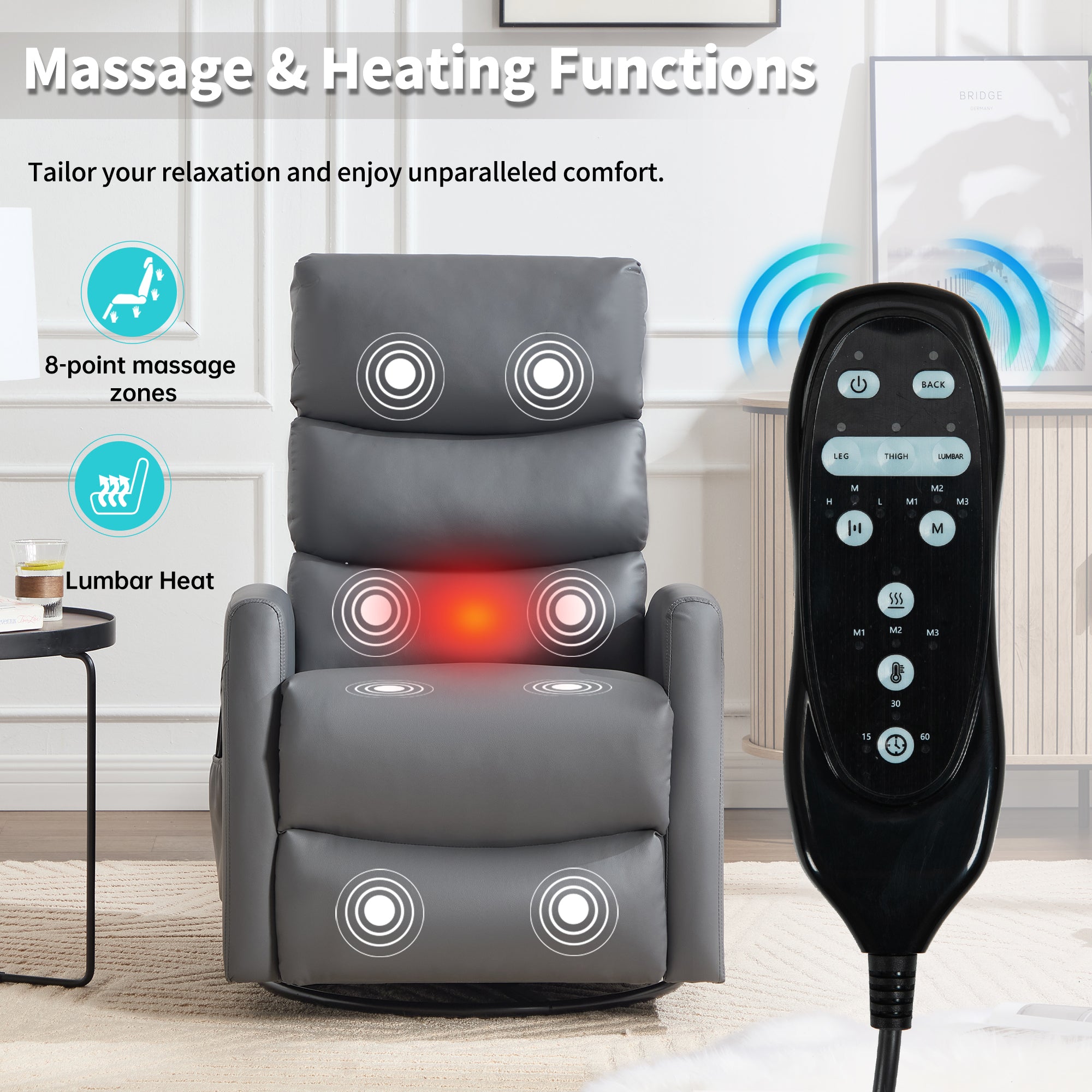 PAPROOS Rocker Recliner with Heat Therapy and Massage, PU Leather 360°Swivel Rocker Recliner, Rocking Chair for Nursery, Small Rocking Recliner, Manual Recliner for Home Theater Living Room