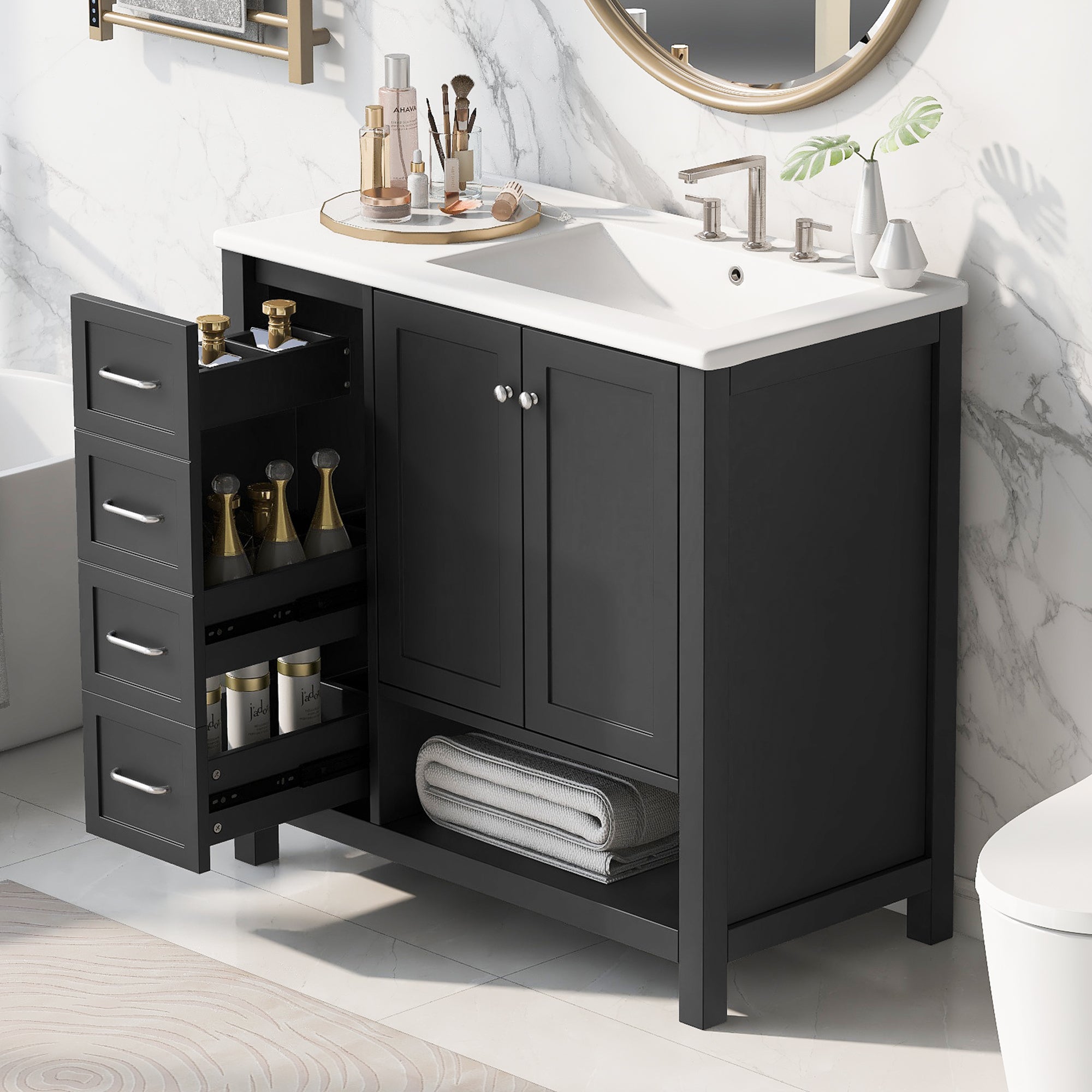 PAPROOS 36” Bathroom Vanity with Sink, Wood Bathroom Storage Cabinet with 2 Doors and 2 Drawers, Modern Basin Cabinet with Open Shelf, Freestanding Solid Wood Frame Bathroom Vanity, White