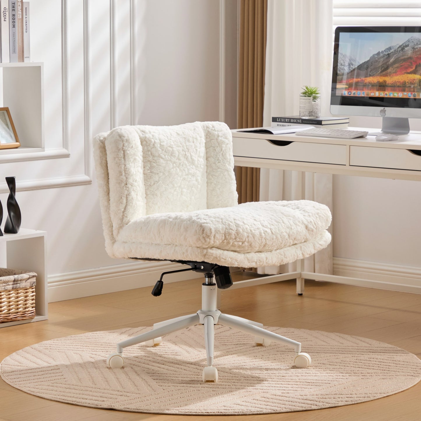 PAPROOS Vanity Chair with Back, 26.4" Wide Armless Home Office Chair with Artificial Rabbit Hair, Metal Base, Adjustable Swivel Ergonomic Desk Chair with Wheels, Computer Task Seating, Cream