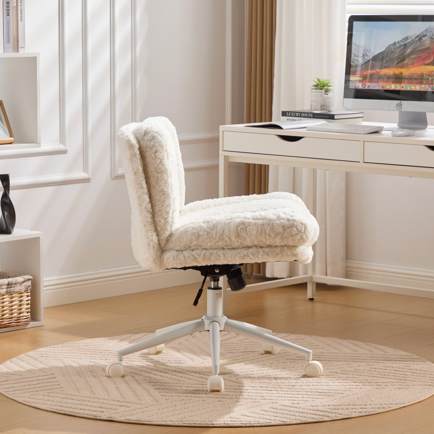 PAPROOS Vanity Chair with Back, 26.4" Wide Armless Home Office Chair with Artificial Rabbit Hair, Metal Base, Adjustable Swivel Ergonomic Desk Chair with Wheels, Computer Task Seating, Cream