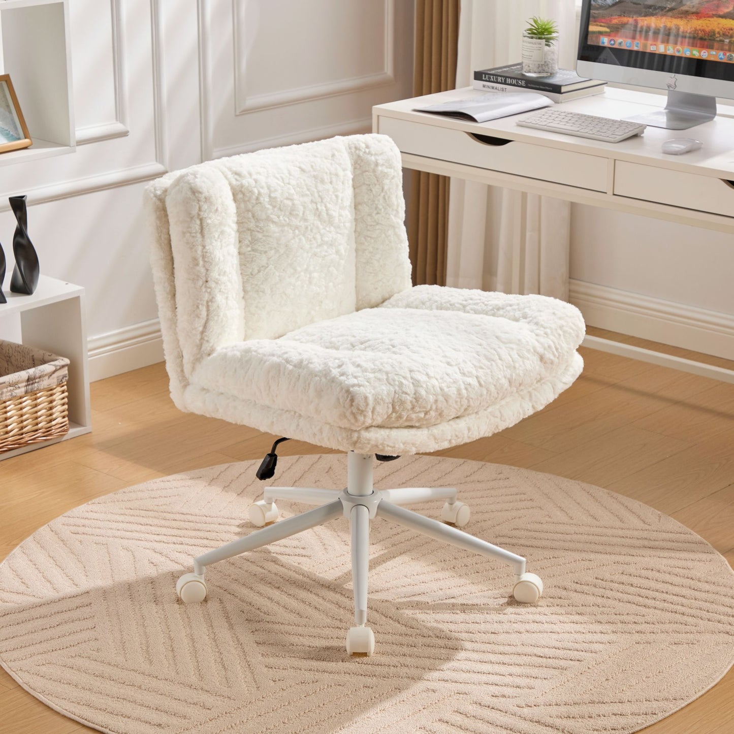 PAPROOS Vanity Chair with Back, 26.4" Wide Armless Home Office Chair with Artificial Rabbit Hair, Metal Base, Adjustable Swivel Ergonomic Desk Chair with Wheels, Computer Task Seating, Cream