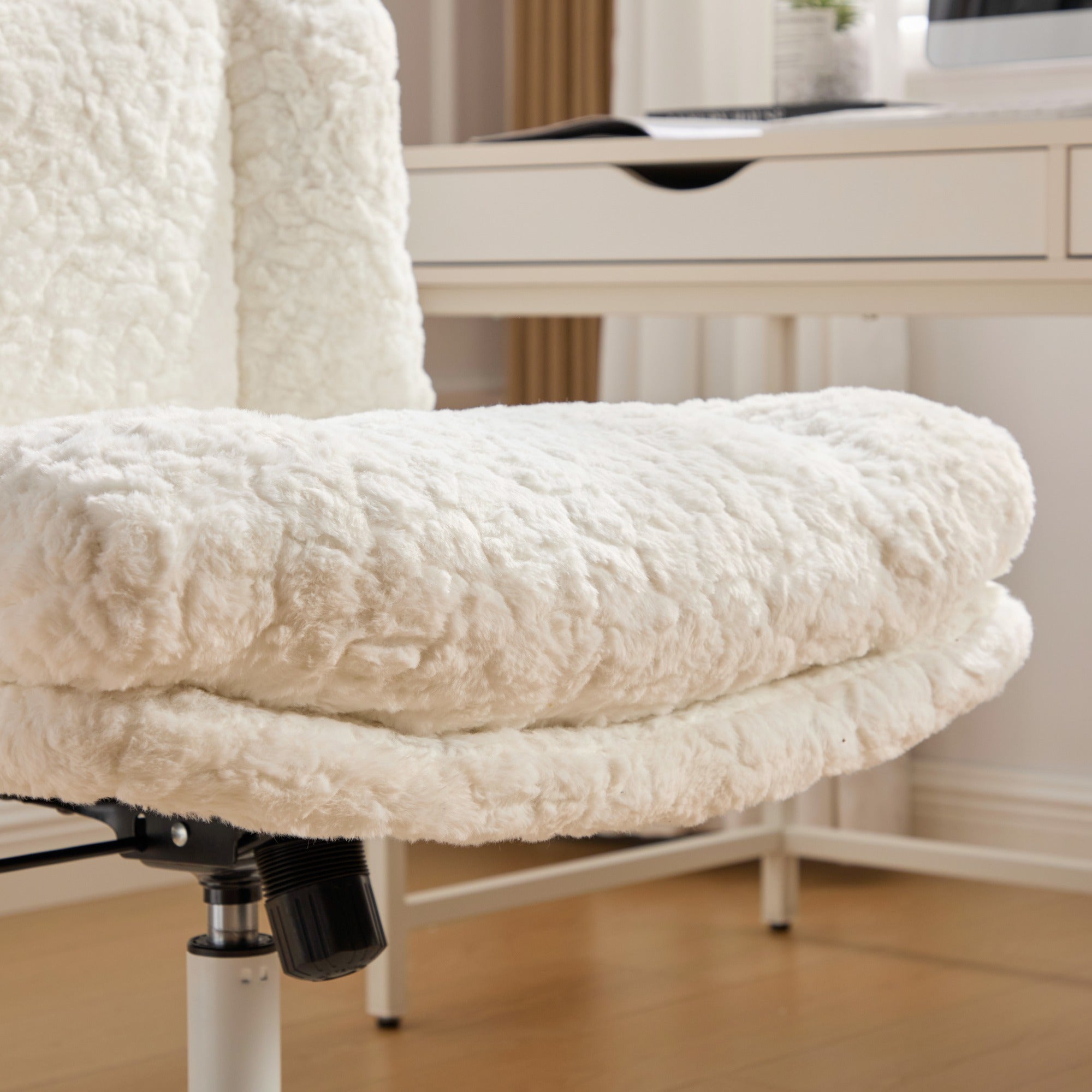 PAPROOS Vanity Chair with Back, 26.4" Wide Armless Home Office Chair with Artificial Rabbit Hair, Metal Base, Adjustable Swivel Ergonomic Desk Chair with Wheels, Computer Task Seating, Cream