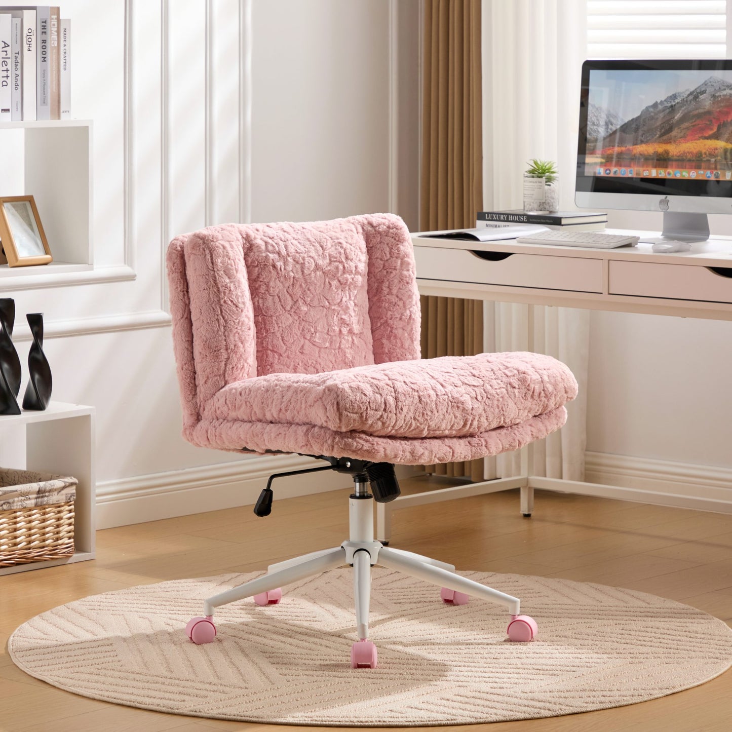 PAPROOS Vanity Chair with Back, 26.4" Wide Armless Home Office Chair with Artificial Rabbit Hair, Metal Base, Adjustable Swivel Ergonomic Desk Chair with Wheels, Computer Task Seating, Cream