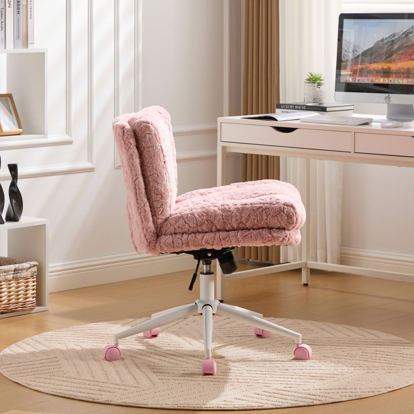PAPROOS Vanity Chair with Back, 26.4" Wide Armless Home Office Chair with Artificial Rabbit Hair, Metal Base, Adjustable Swivel Ergonomic Desk Chair with Wheels, Computer Task Seating, Cream