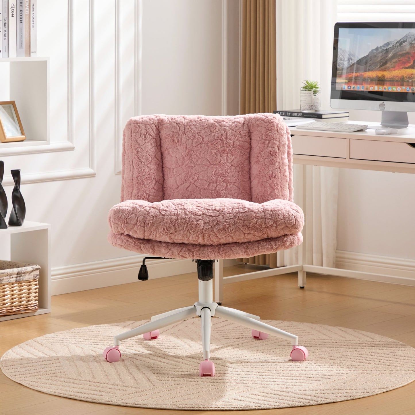 PAPROOS Vanity Chair with Back, 26.4" Wide Armless Home Office Chair with Artificial Rabbit Hair, Metal Base, Adjustable Swivel Ergonomic Desk Chair with Wheels, Computer Task Seating, Cream