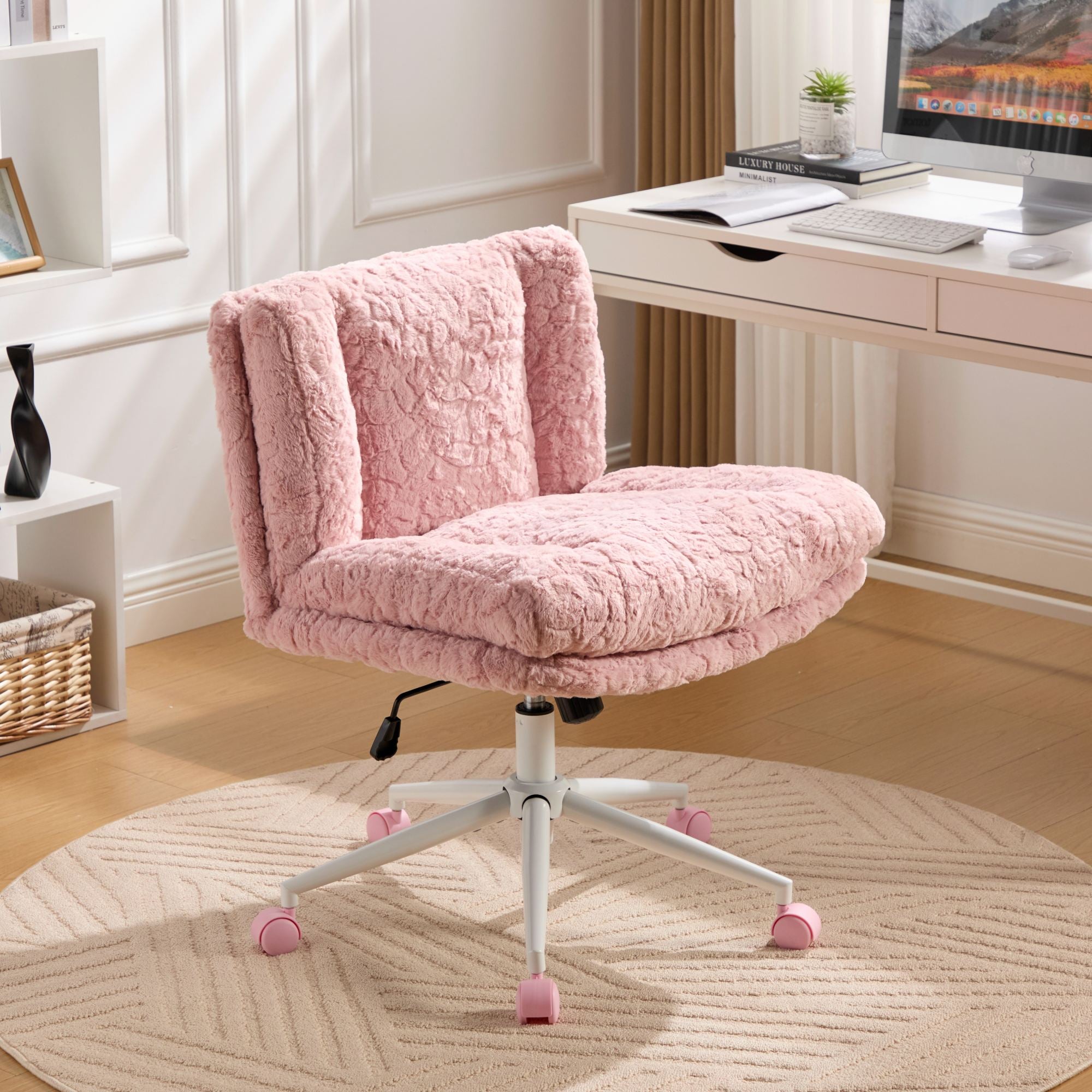 PAPROOS Vanity Chair with Back, 26.4" Wide Armless Home Office Chair with Artificial Rabbit Hair, Metal Base, Adjustable Swivel Ergonomic Desk Chair with Wheels, Computer Task Seating, Cream
