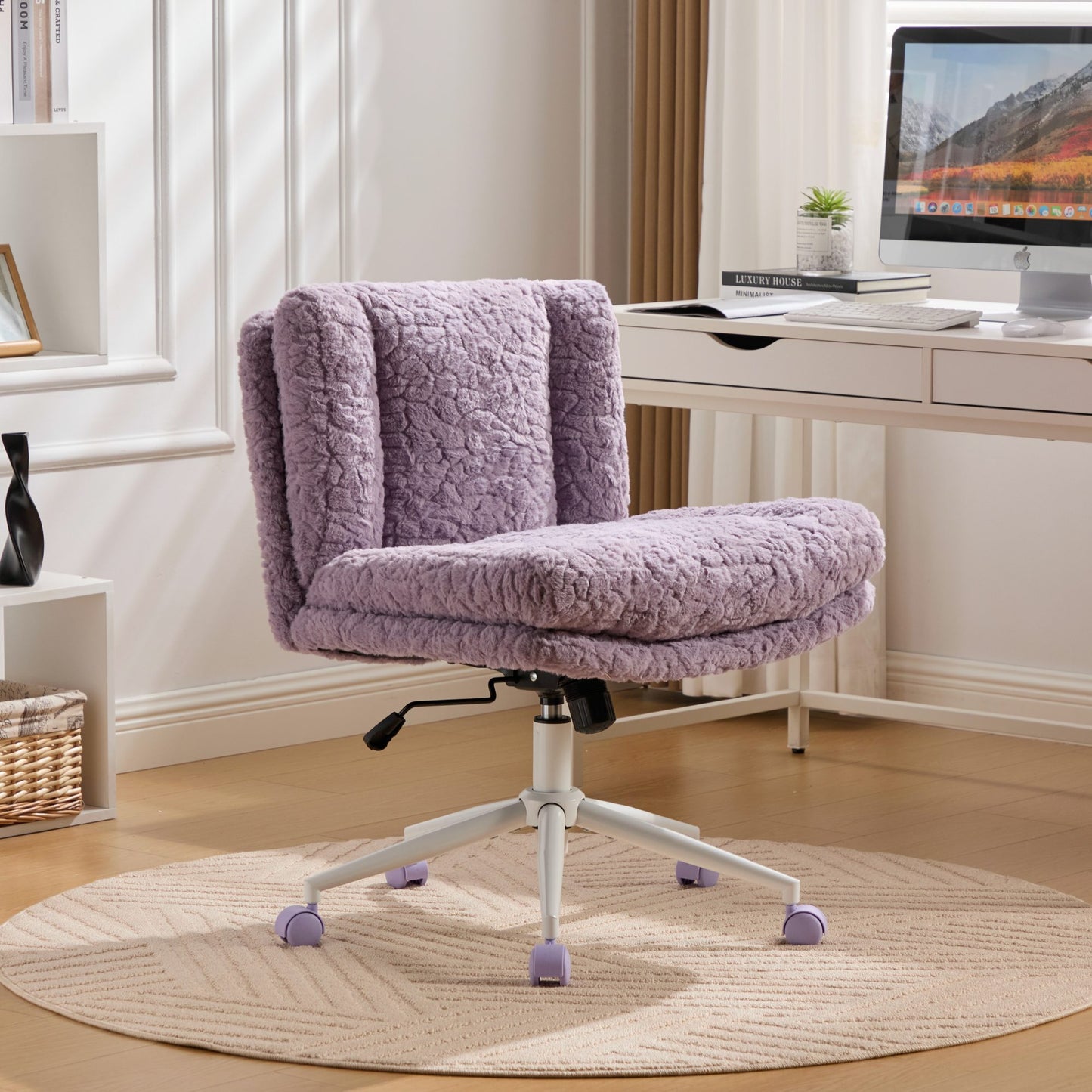 PAPROOS Vanity Chair with Back, 26.4" Wide Armless Home Office Chair with Artificial Rabbit Hair, Metal Base, Adjustable Swivel Ergonomic Desk Chair with Wheels, Computer Task Seating, Cream