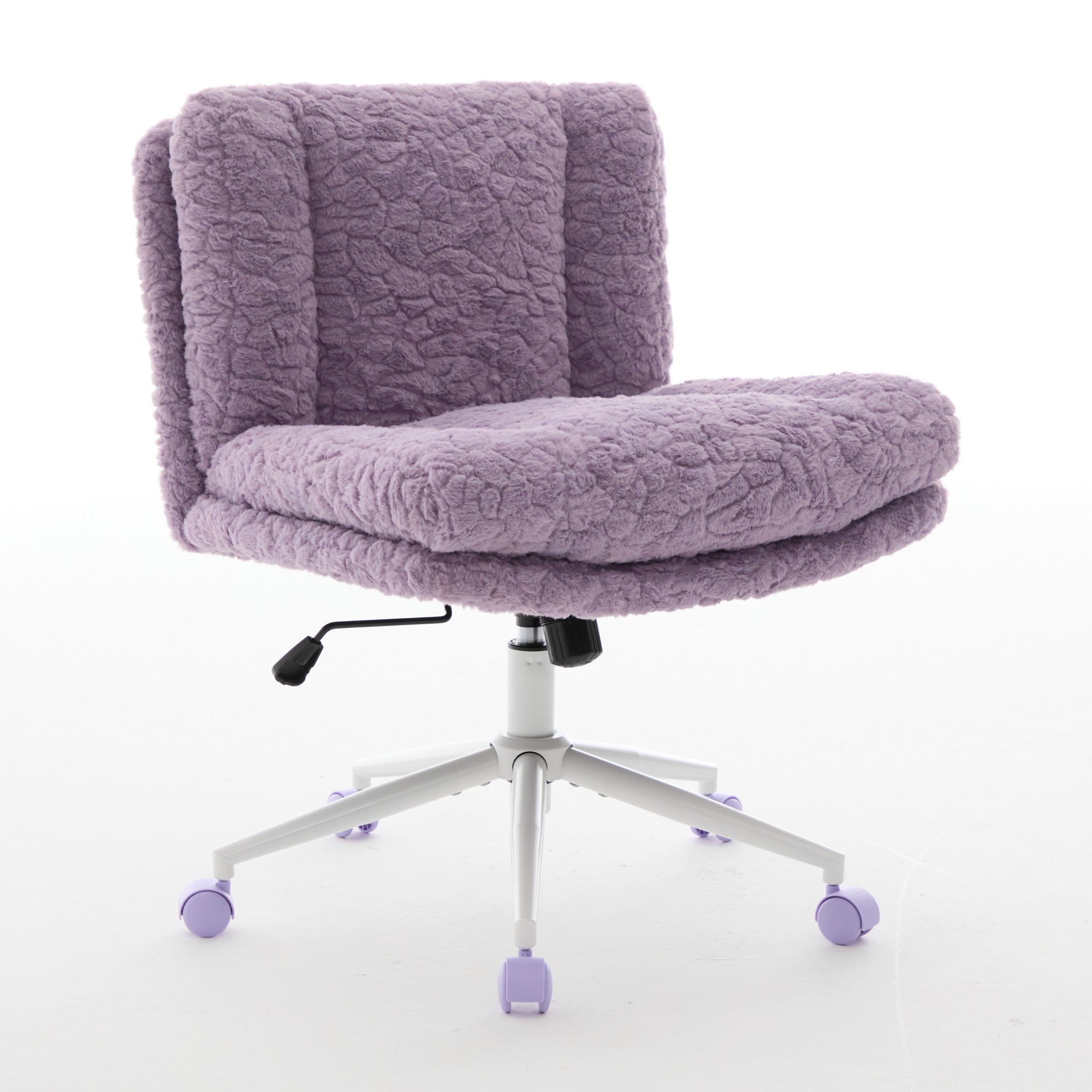 PAPROOS Vanity Chair with Back, 26.4" Wide Armless Home Office Chair with Artificial Rabbit Hair, Metal Base, Adjustable Swivel Ergonomic Desk Chair with Wheels, Computer Task Seating, Cream