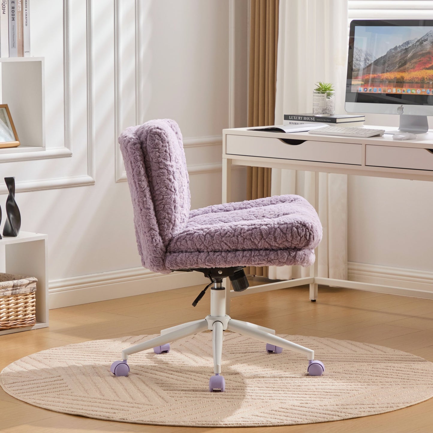 PAPROOS Vanity Chair with Back, 26.4" Wide Armless Home Office Chair with Artificial Rabbit Hair, Metal Base, Adjustable Swivel Ergonomic Desk Chair with Wheels, Computer Task Seating, Cream