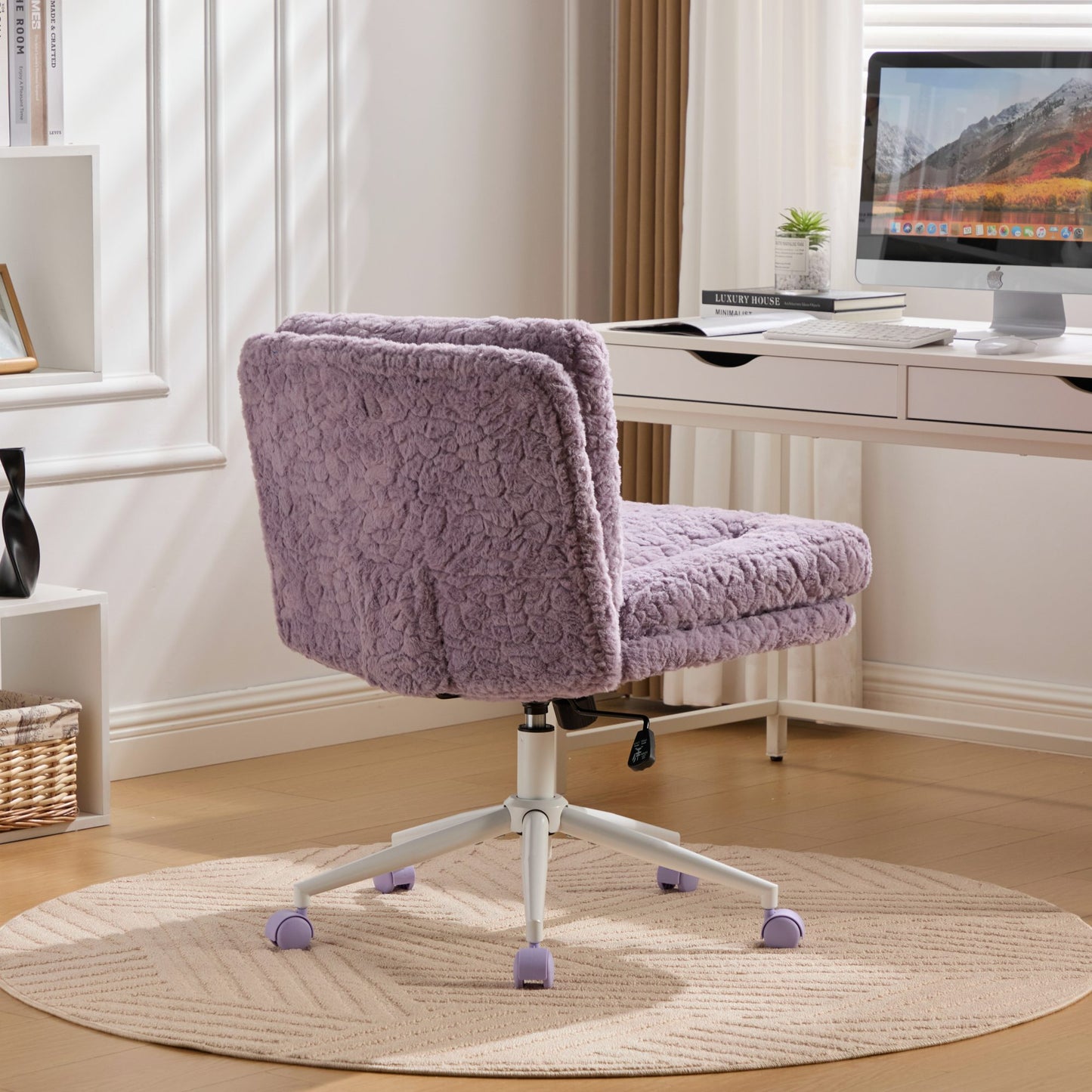 PAPROOS Vanity Chair with Back, 26.4" Wide Armless Home Office Chair with Artificial Rabbit Hair, Metal Base, Adjustable Swivel Ergonomic Desk Chair with Wheels, Computer Task Seating, Cream