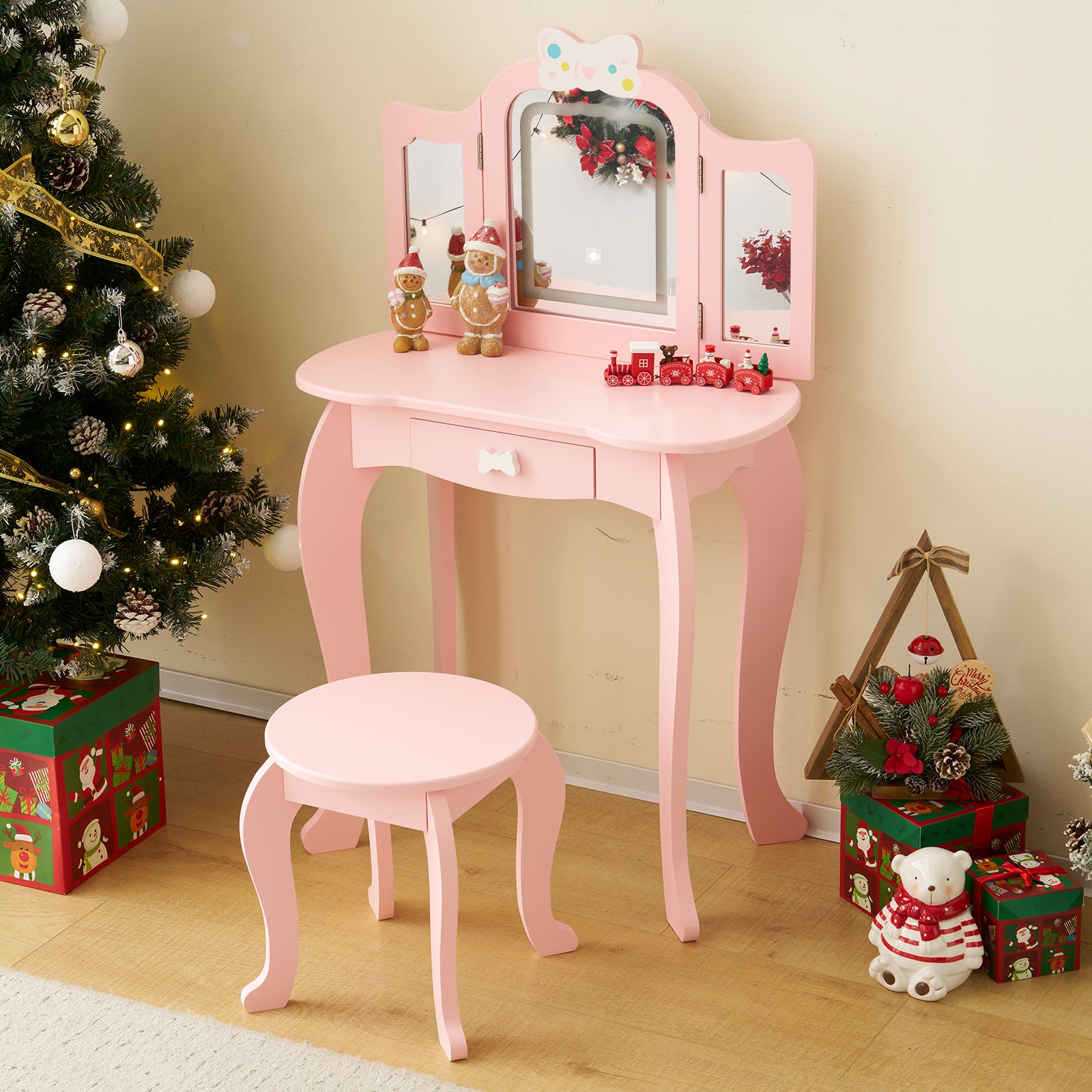 PAPROOS Kids Vanity Set with Mirror and Lights, Wood 2-in-1 Girls Vanity with Drawer, Princess Toddler Dressing Table, Pretend Play Kids Makeup Vanity Table and Chair for Little Girls Aged 3+, White