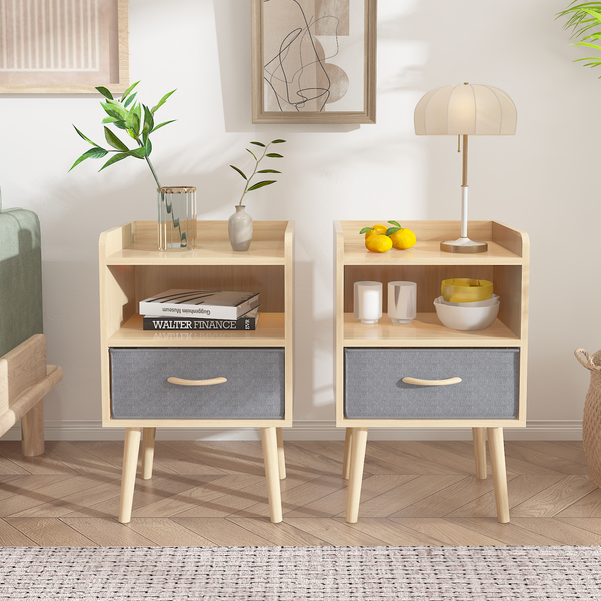 Set of 2 Nightstand, End Table Side Table with Collapsible Fabric Drawer, Bedside Table for Bedroom, Closet, Dorm