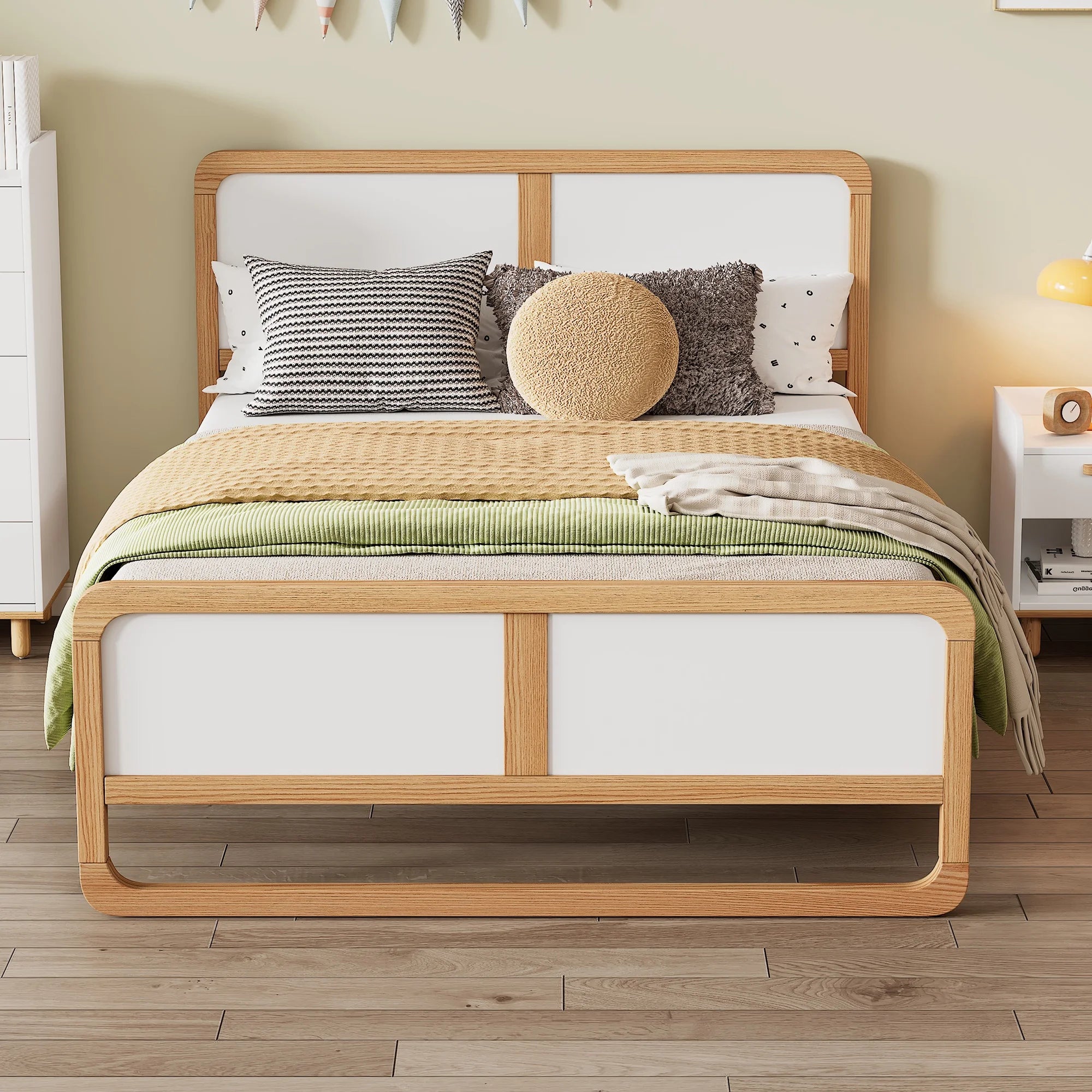 PAPROOS Full Bed Frame, Solid Pine Wood Platform Bed with Headboard, Modern Full Size Bed Frame for Teens Adults, No Box Spring Needed, Walnut + White