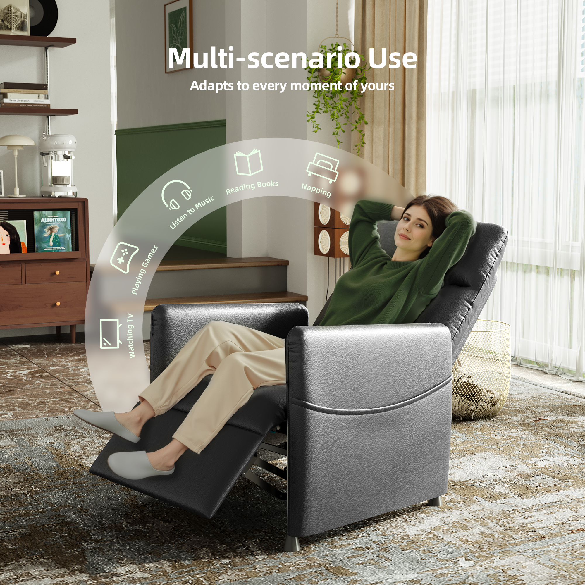 Electric Recliner Chair for Adults, PAPROOS Velvet Power Recliner Chair with Footrest & Padded Seat, Small Reclining Sofa with Side Pocket, Manual Recliner for Living Room Home Theater, Light Grey