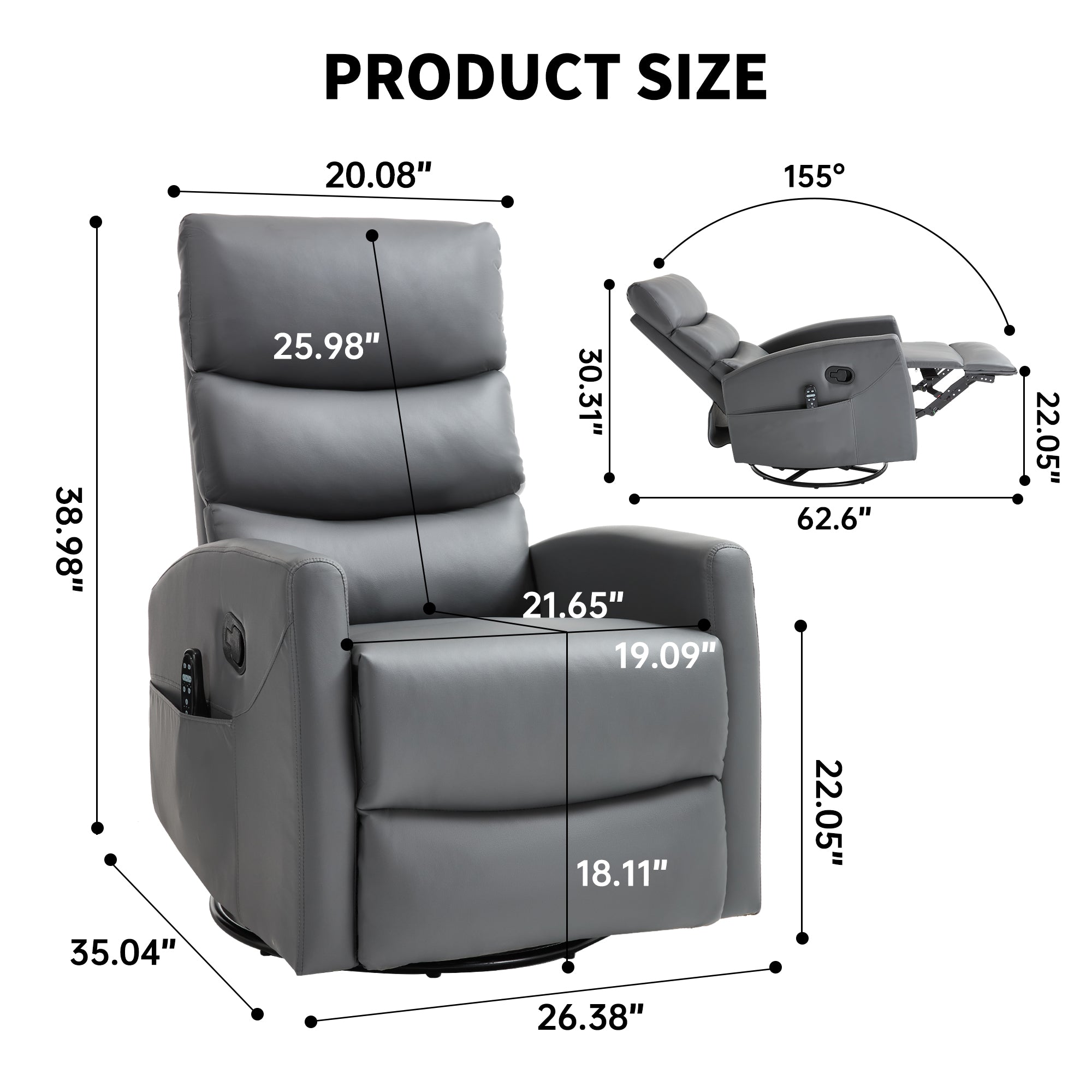 PAPROOS Rocker Recliner with Heat Therapy and Massage, PU Leather 360°Swivel Rocker Recliner, Rocking Chair for Nursery, Small Rocking Recliner, Manual Recliner for Home Theater Living Room