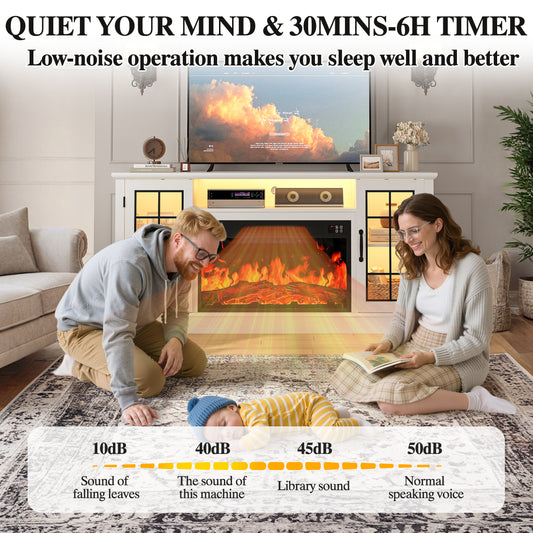 PAPROOS 63" Fireplace TV Stand for TVs up to 70" with 32" Electric Fireplace, Entertainment Center with LED, Modern Television Table Center With Remote Control for Living Room, White