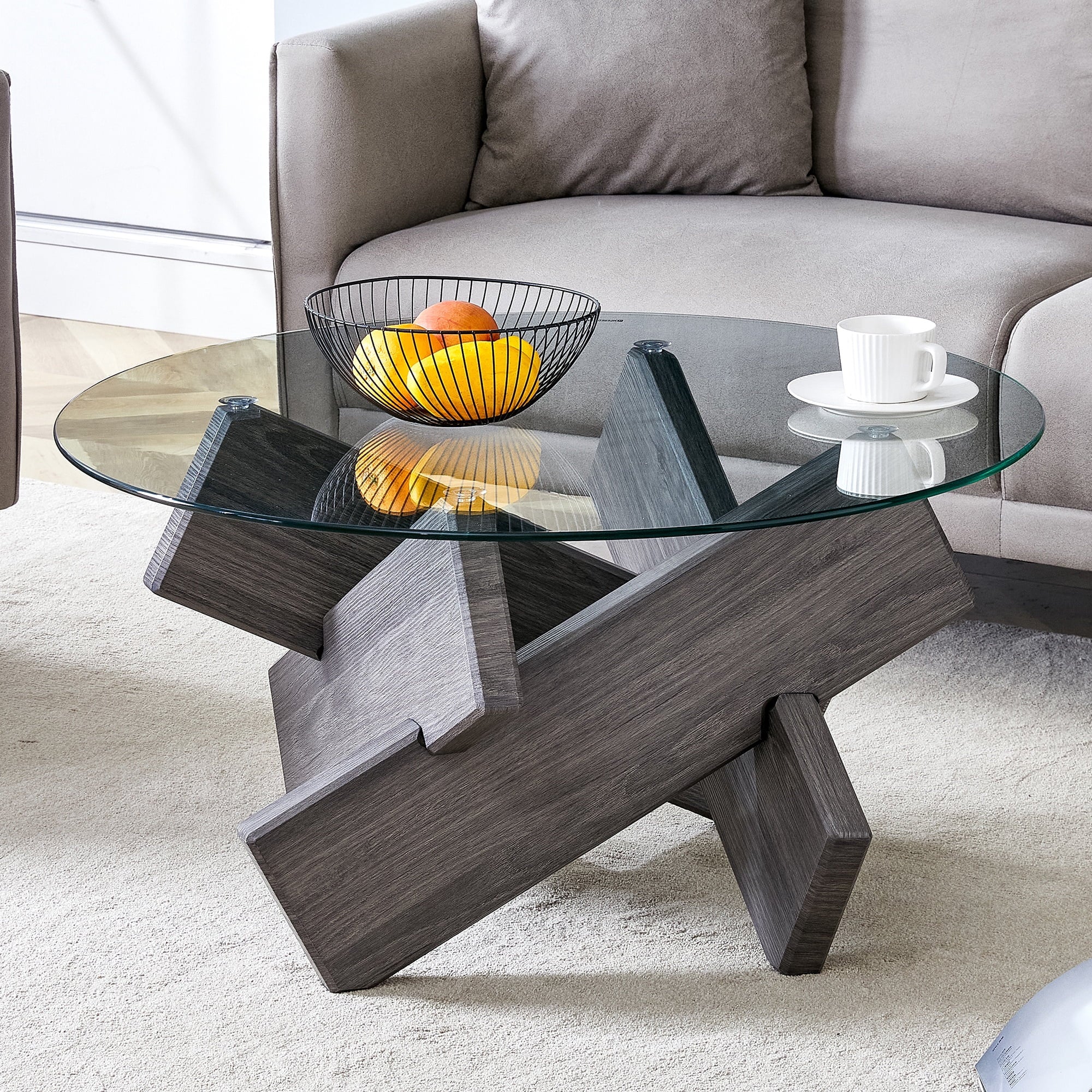 Tempered Glass Coffee Table, Round Cocktail Table with 4 Cross Wooden Legs for Home Office Living Room, Easy to Clean