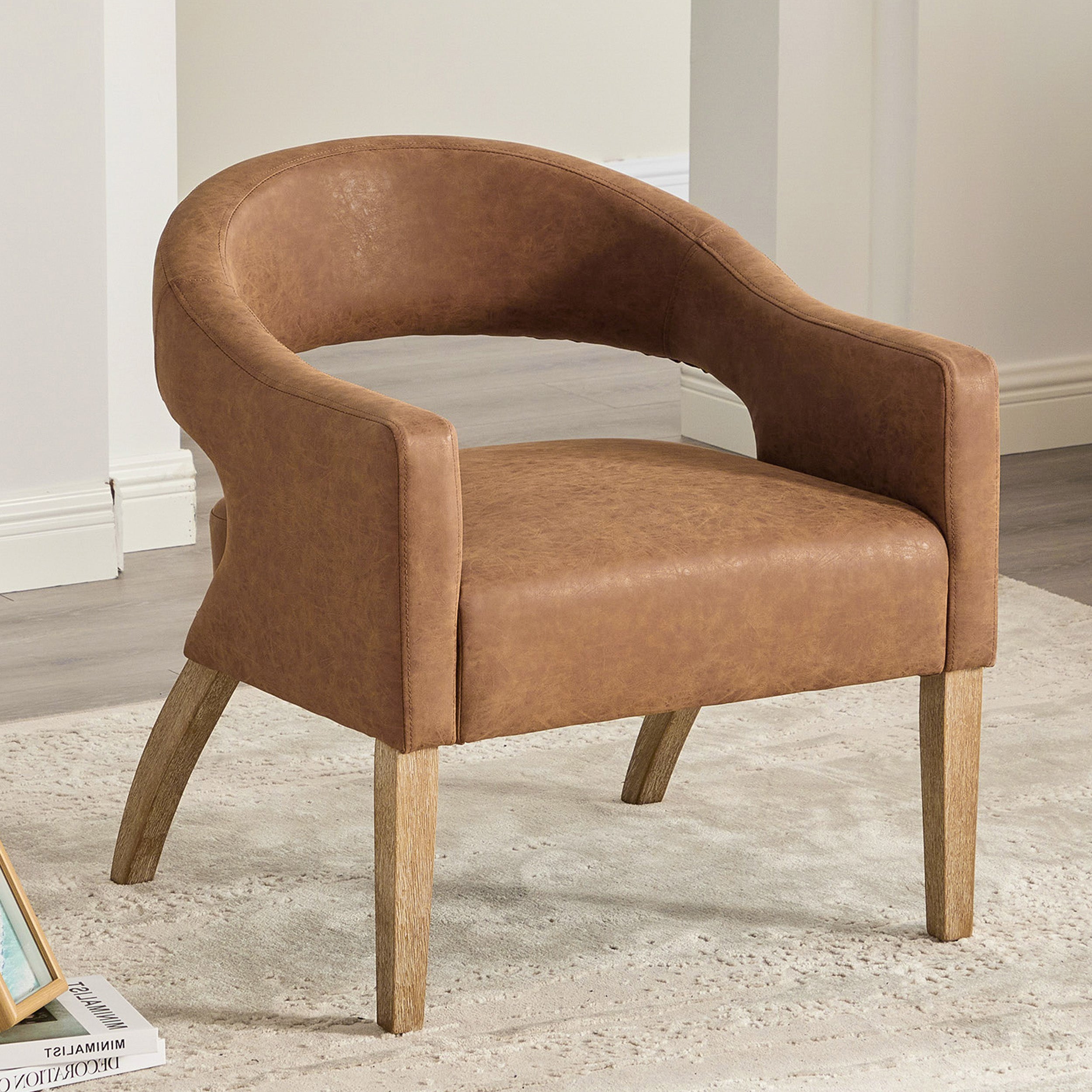 Accent Chair, PU Leather Upholstered Armchair, PAPROOS Barrel Open Back Reading Armchair, Modern Accent Chair with Weathered Solid Wood Legs for Living Room Bedroom, Club